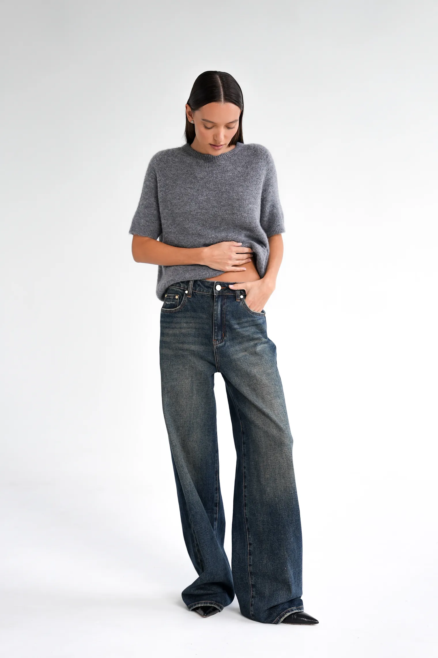 Джинсы свободного кроя в винтажном стиле синего цвета фото 1