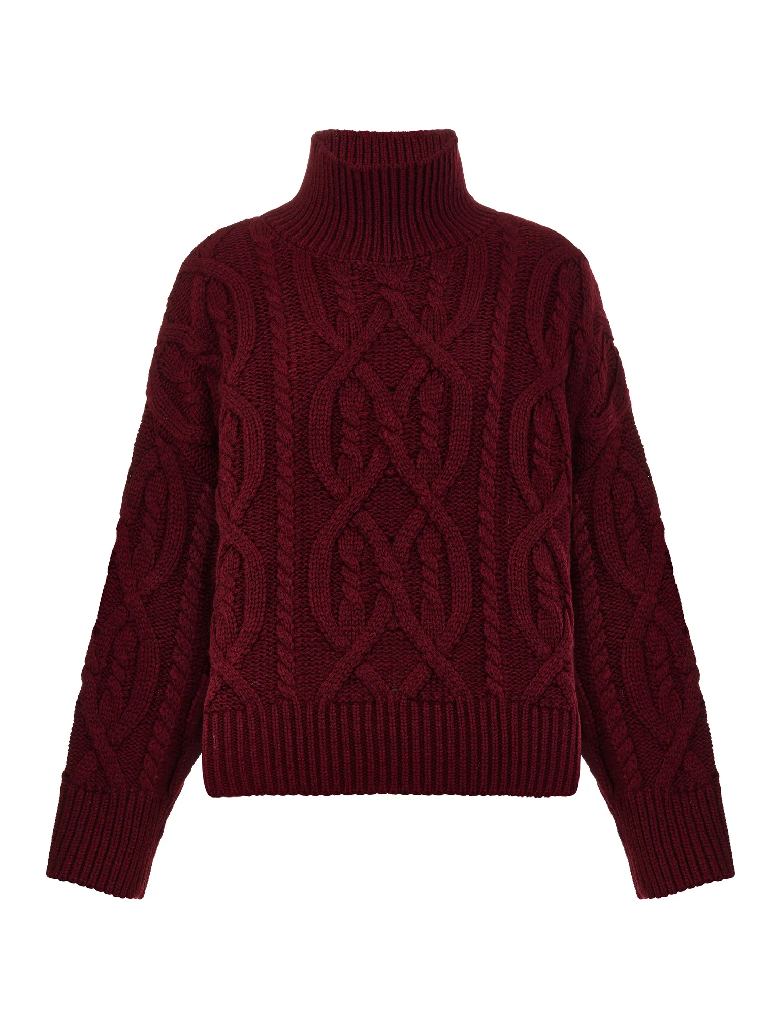 Джемпер крупной вязки с узором араны бордового цвета фото 8