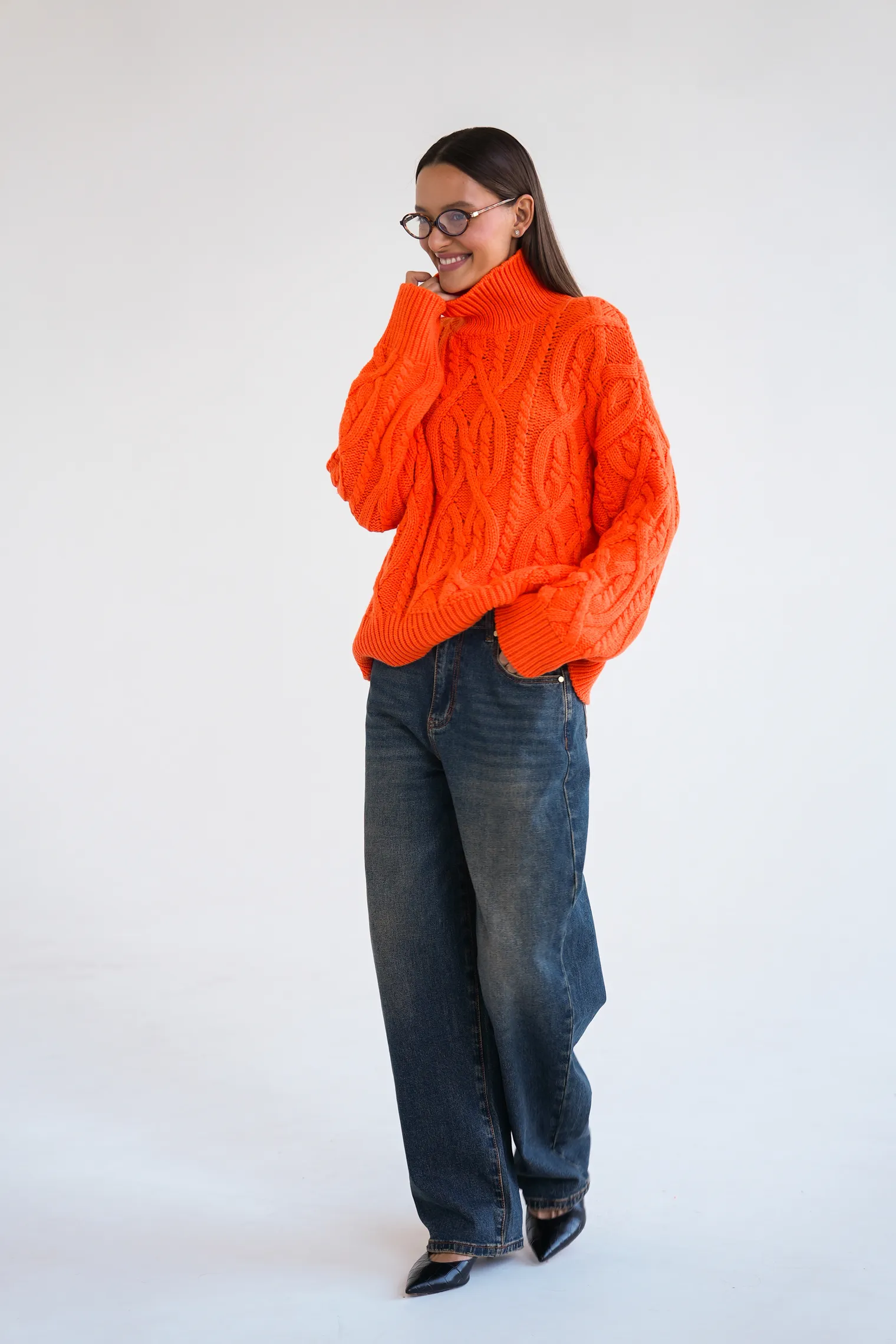 Джемпер крупной вязки с узором араны оранжевого цвета фото 5