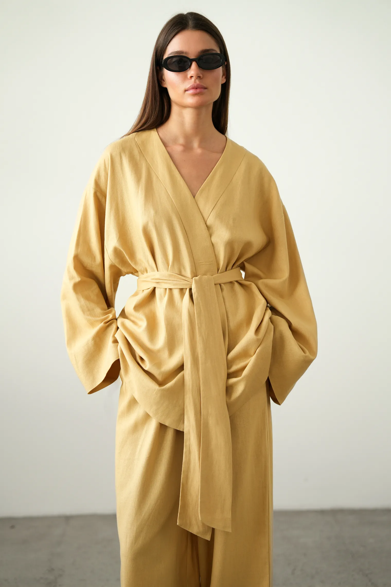 Кимоно с поясом горчичного цвета фото 7