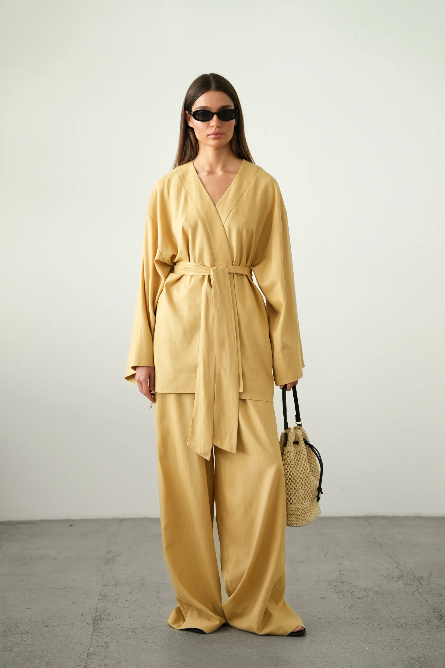 Кимоно с поясом горчичного цвета фото 8