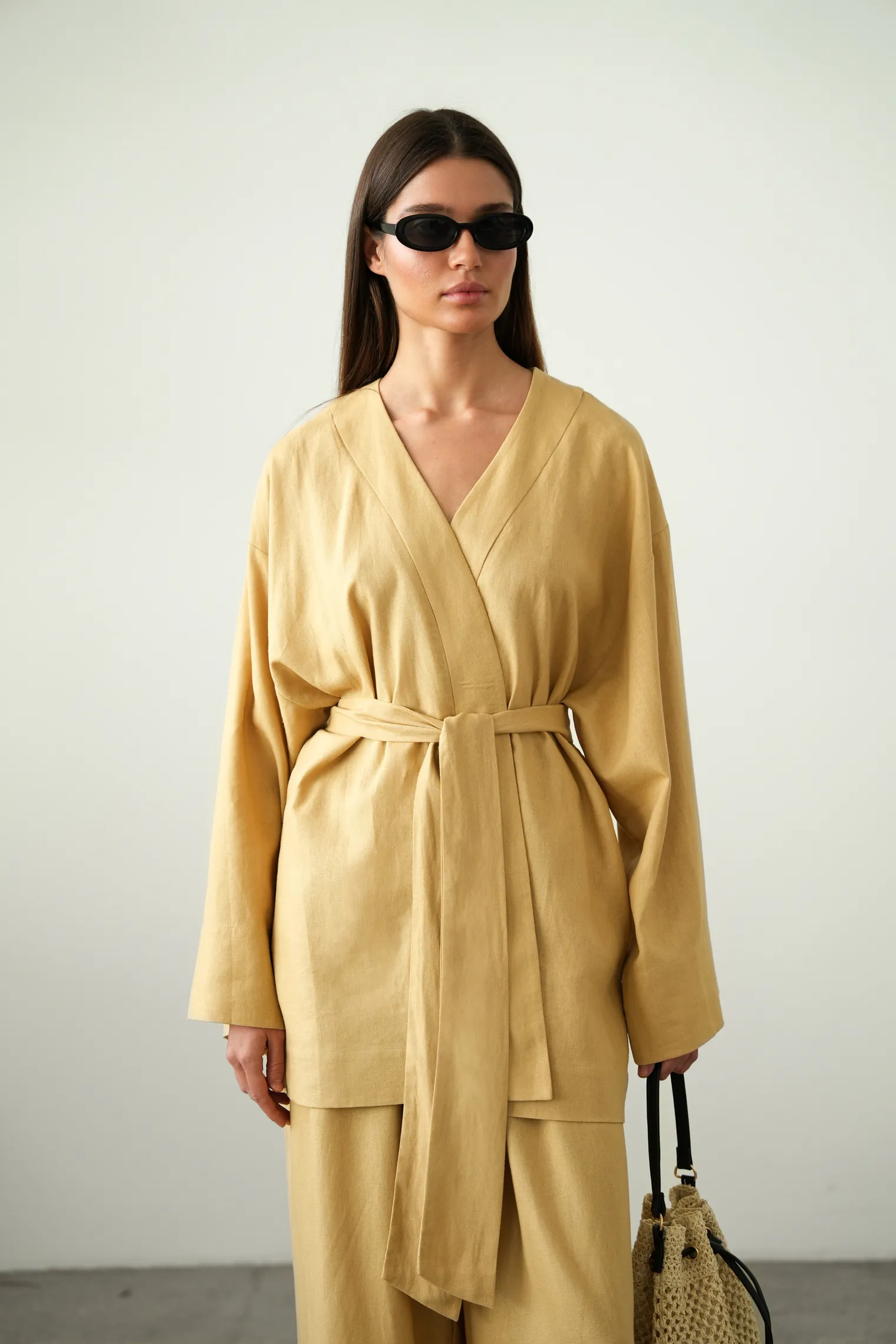 Кимоно с поясом горчичного цвета фото 5