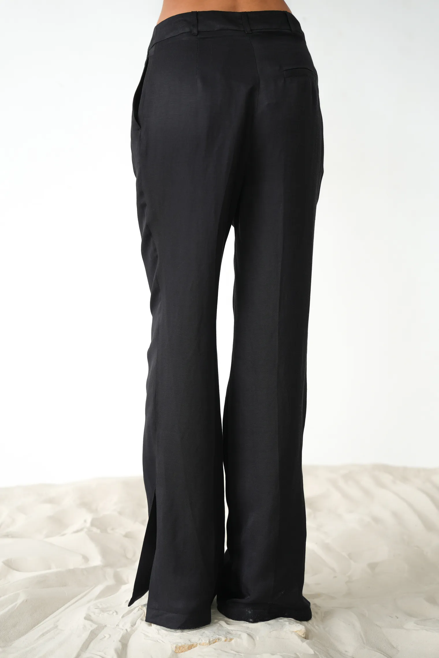 Брюки прямые с разрезами изо льна чёрного цвета фото 4