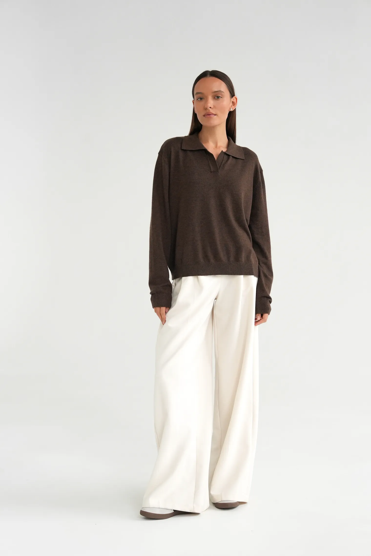 Джемпер поло мелкой вязки шоколадного цвета фото 5