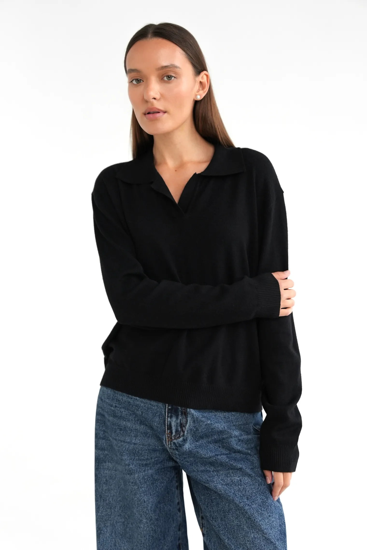 Джемпер поло мелкой вязки чёрного цвета фото 1