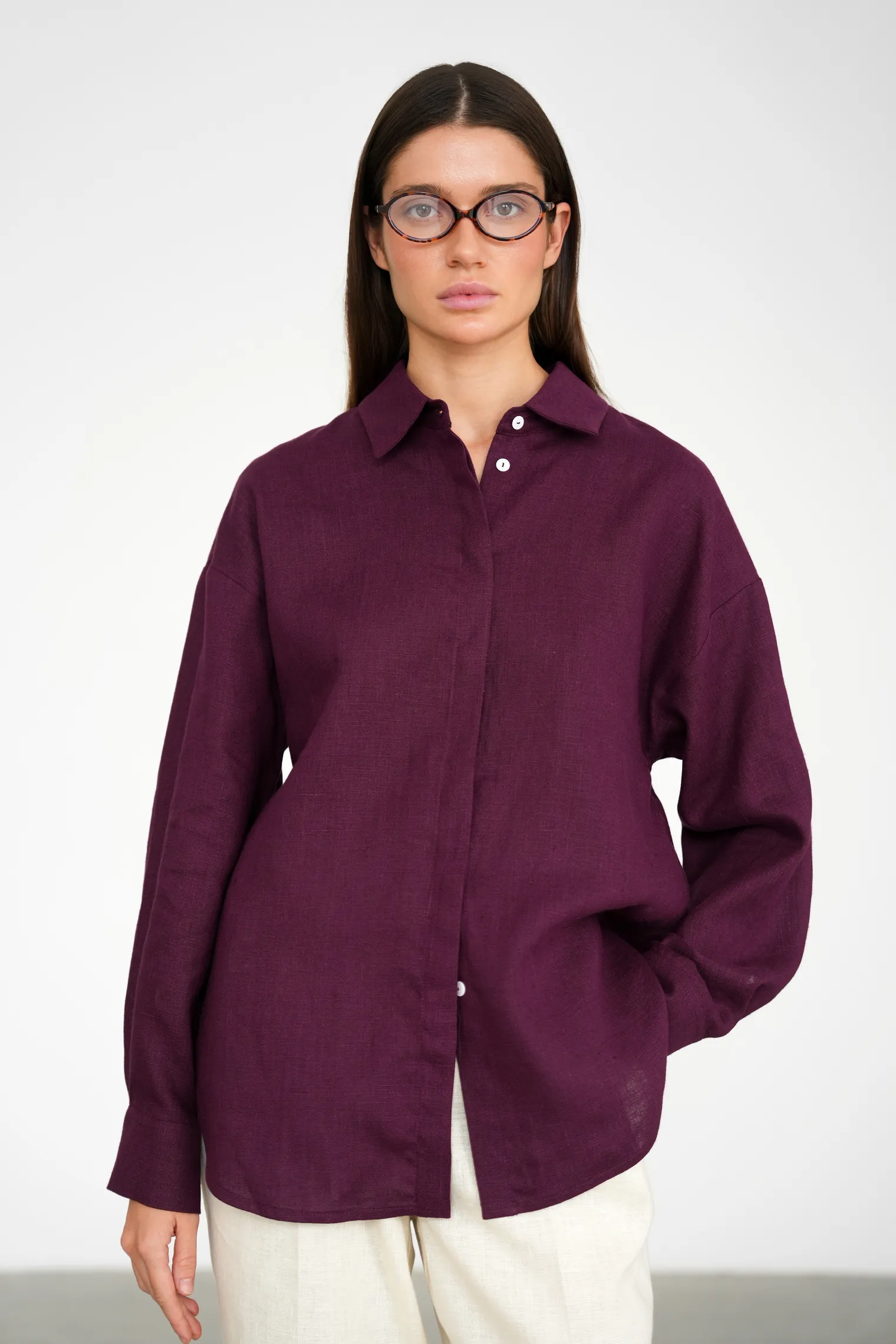 Рубашка свободного кроя изо льна цвета инжир фото 1