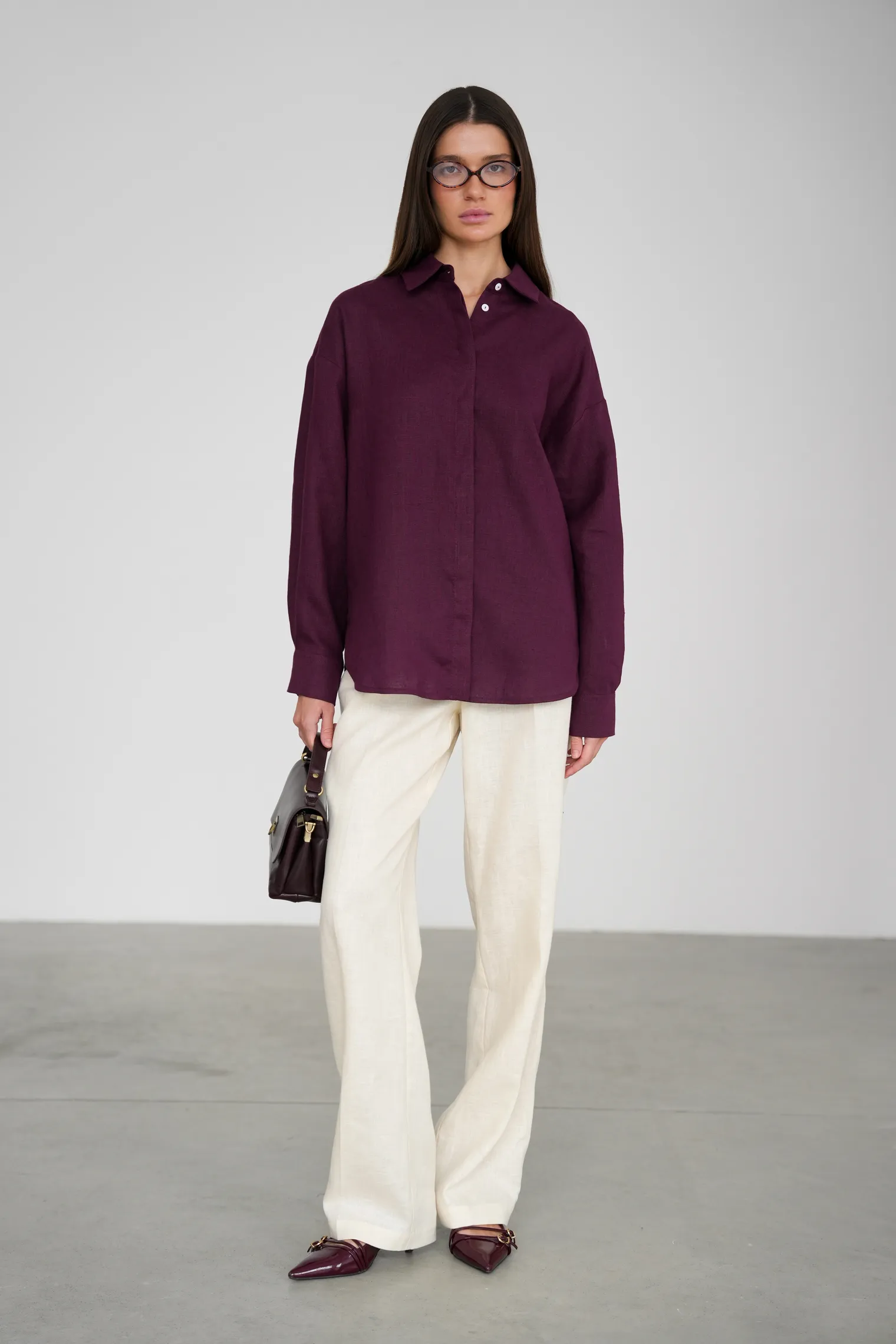 Рубашка свободного кроя изо льна цвета инжир фото 2