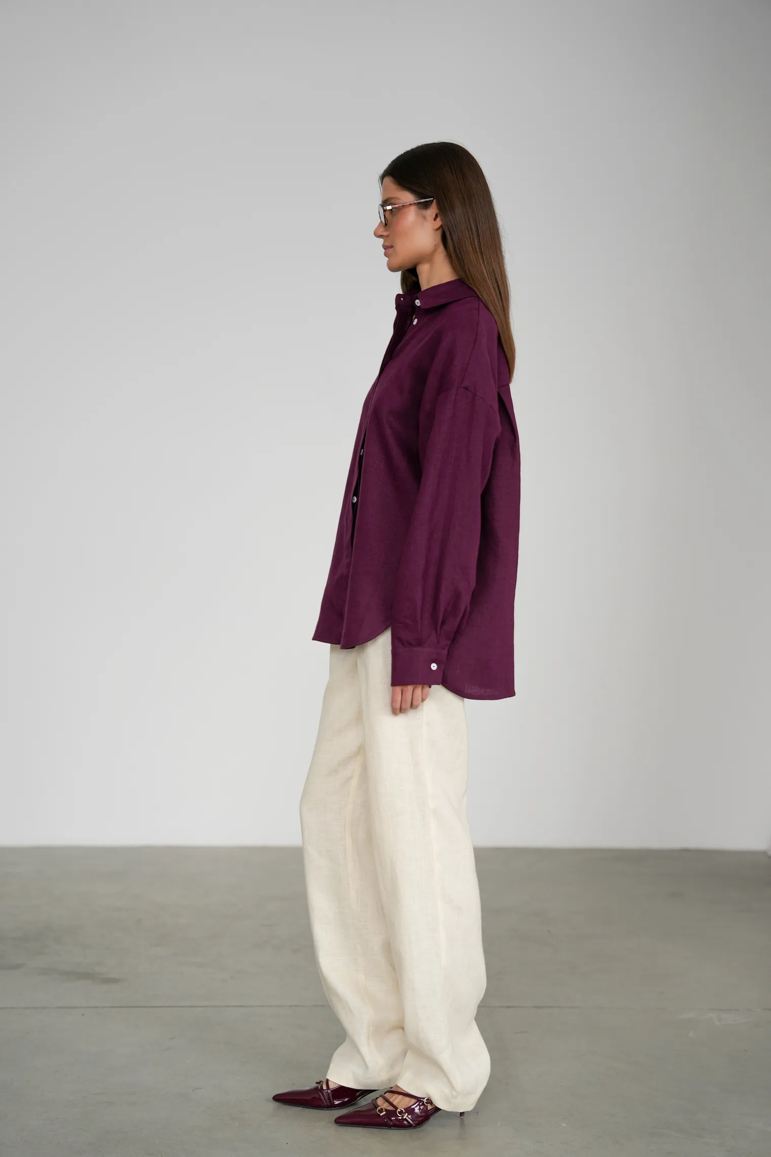 Рубашка свободного кроя изо льна цвета инжир фото 7