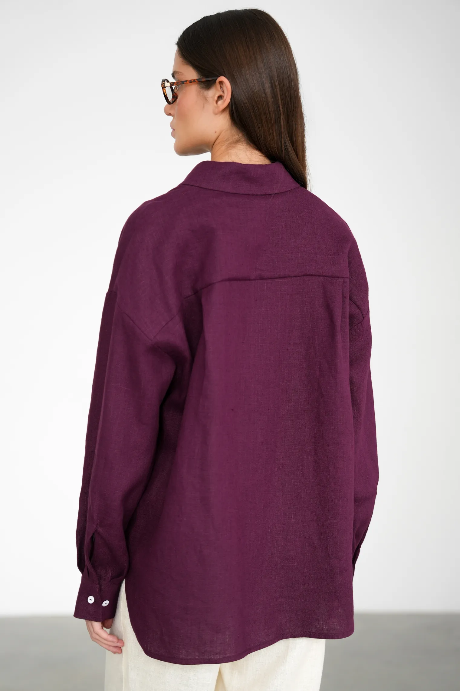 Рубашка свободного кроя изо льна цвета инжир фото 3