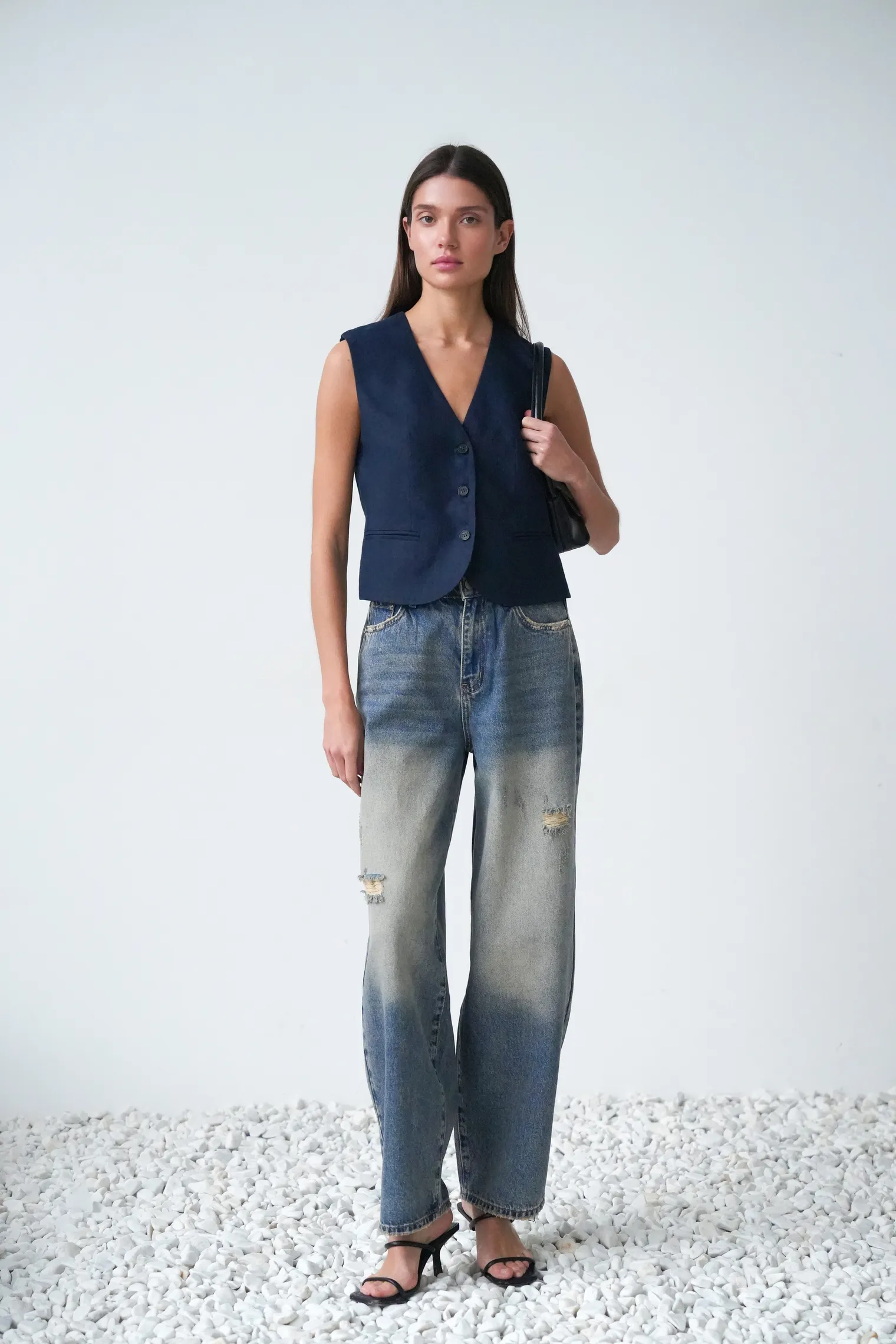 Джинсы свободного кроя в винтажном стиле синего цвета фото 1