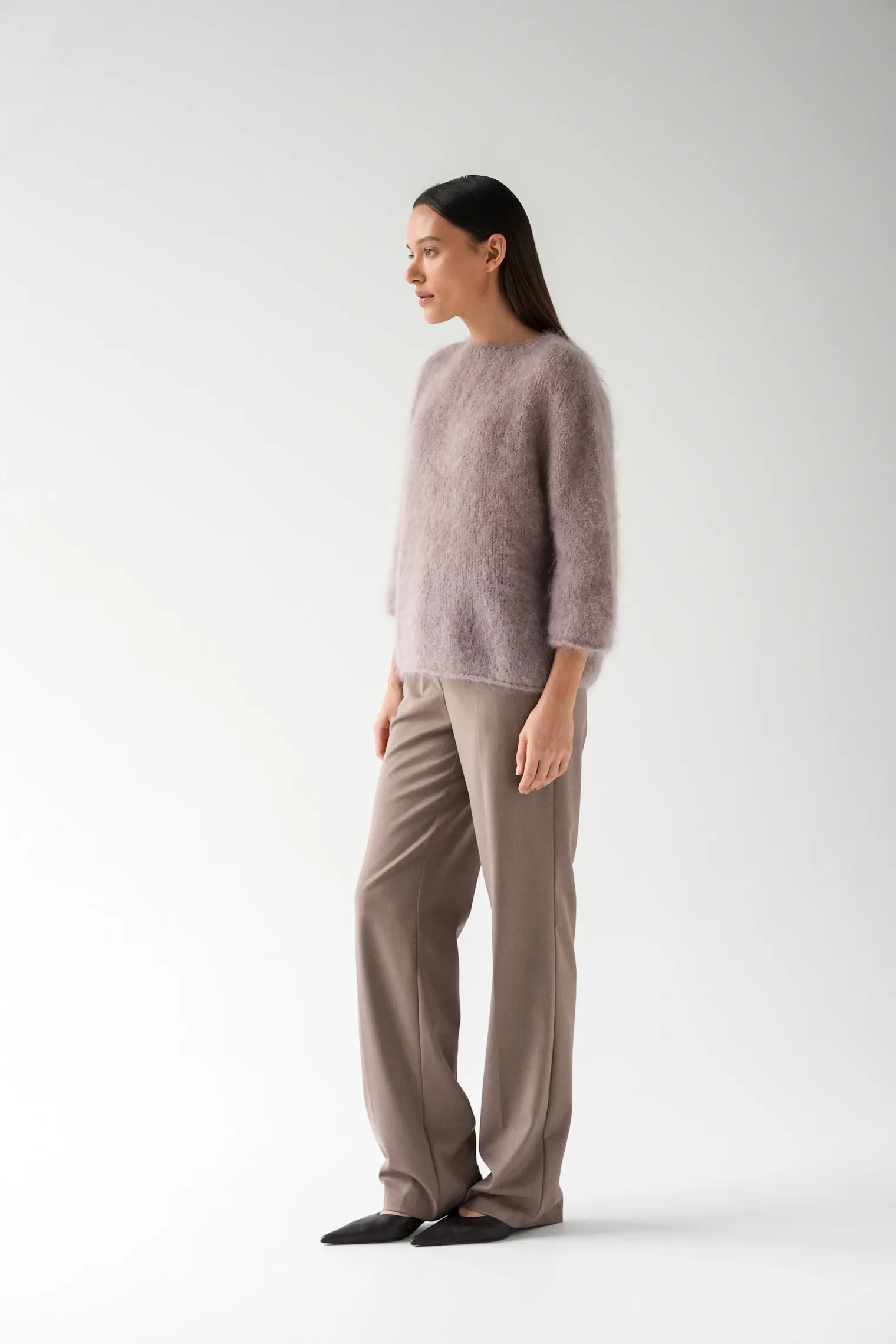 Пуловер мелкой вязки с низким воротником кофейного цвета фото 6