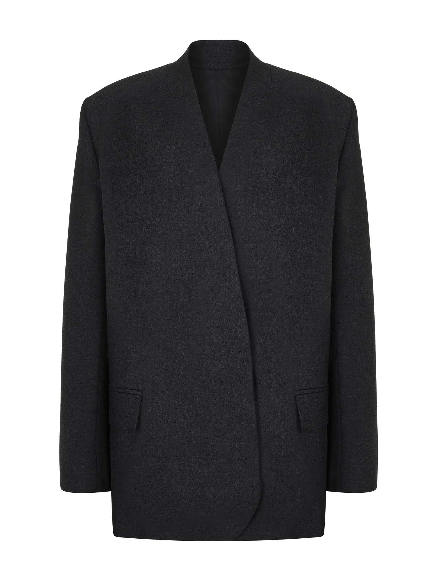 Двубортный жакет свободного кроя с воротником-стойкой графитового цвета фото 11