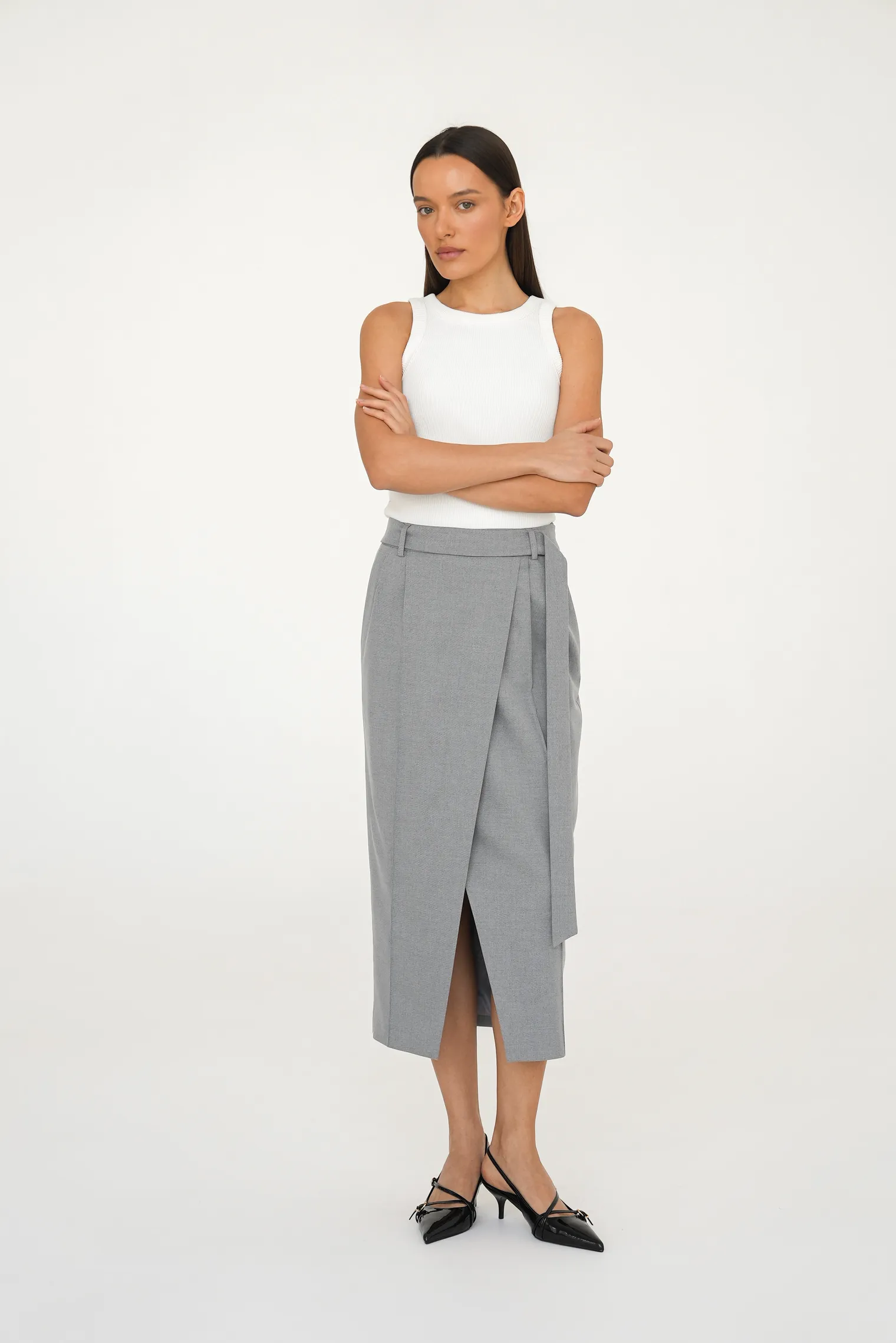 Юбка миди с поясом пепельного цвета фото 5