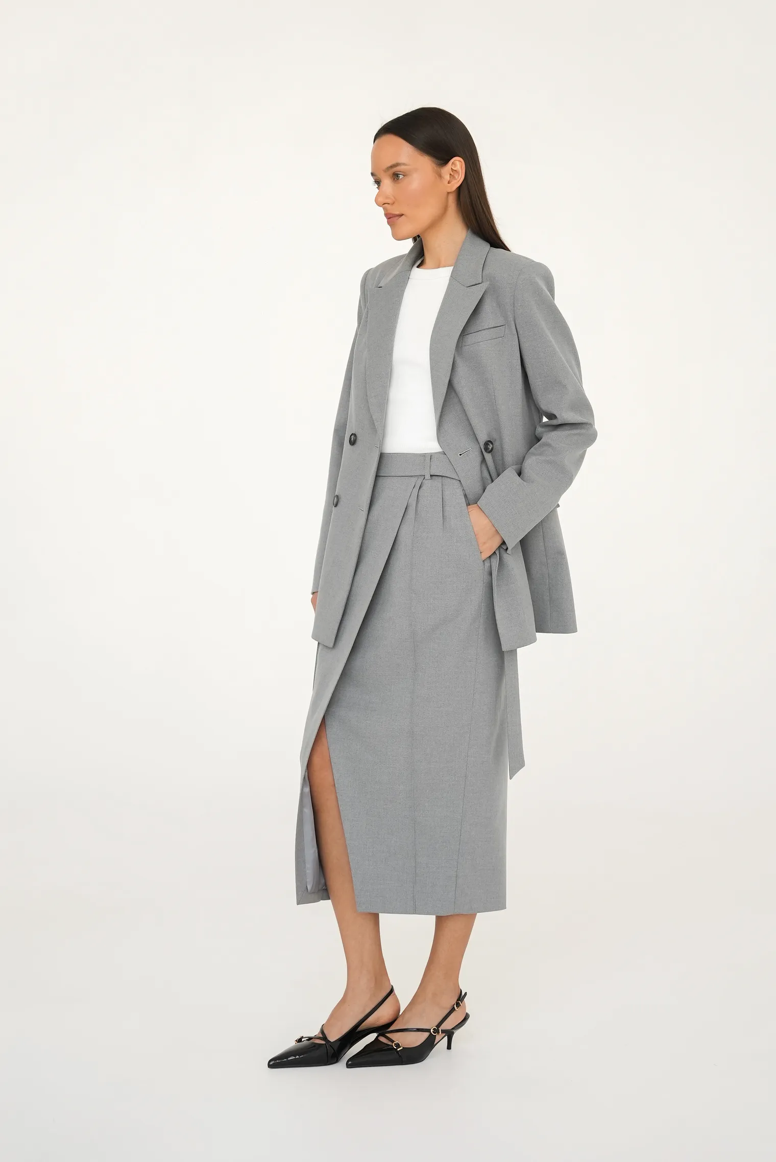 Юбка миди с поясом пепельного цвета фото 9