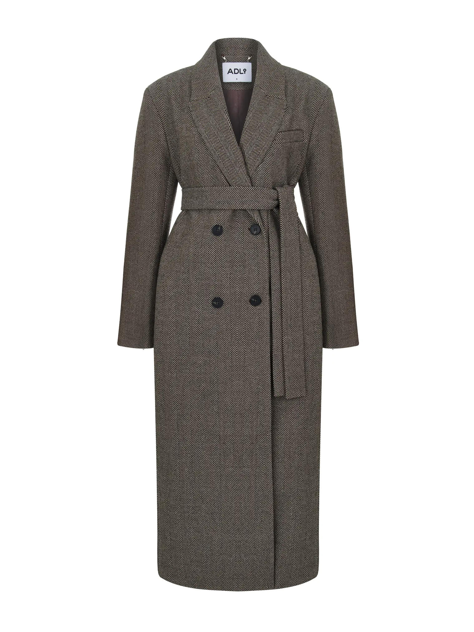 Пальто двубортное с втачным рукавом, с поясом в ёлочку шоколадного цвета фото 16