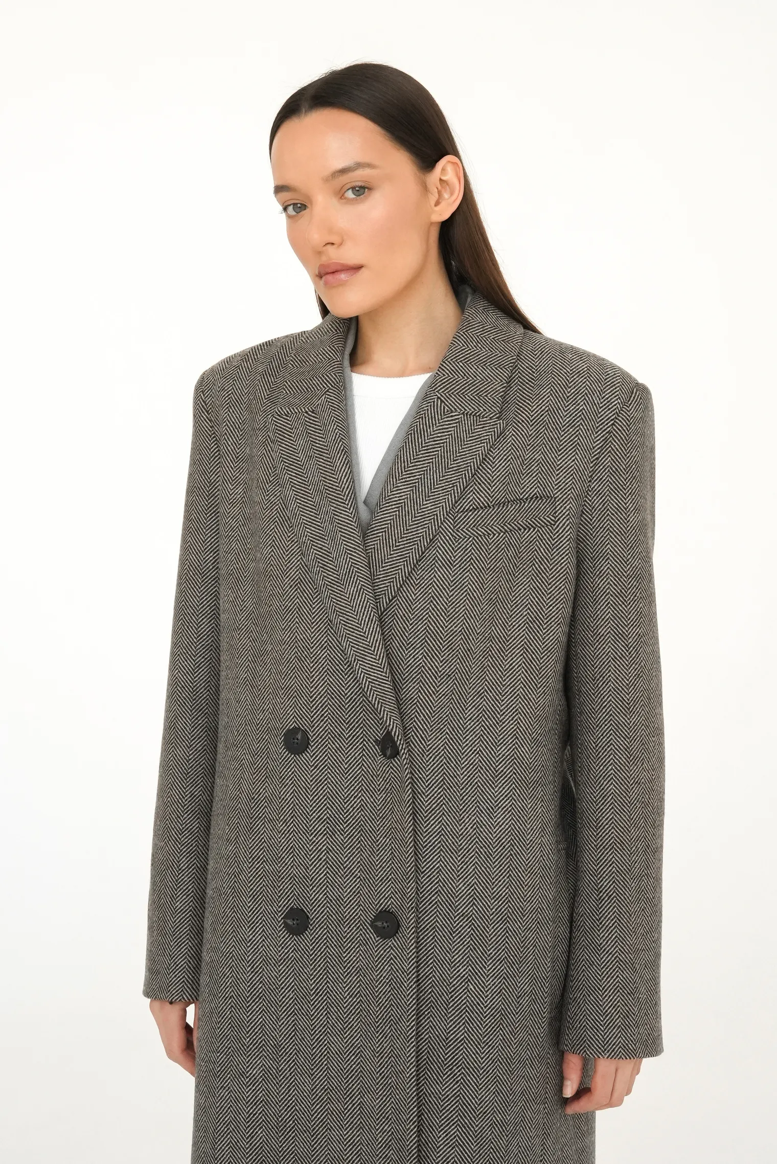 Пальто двубортное с втачным рукавом, с поясом в ёлочку шоколадного цвета фото 9