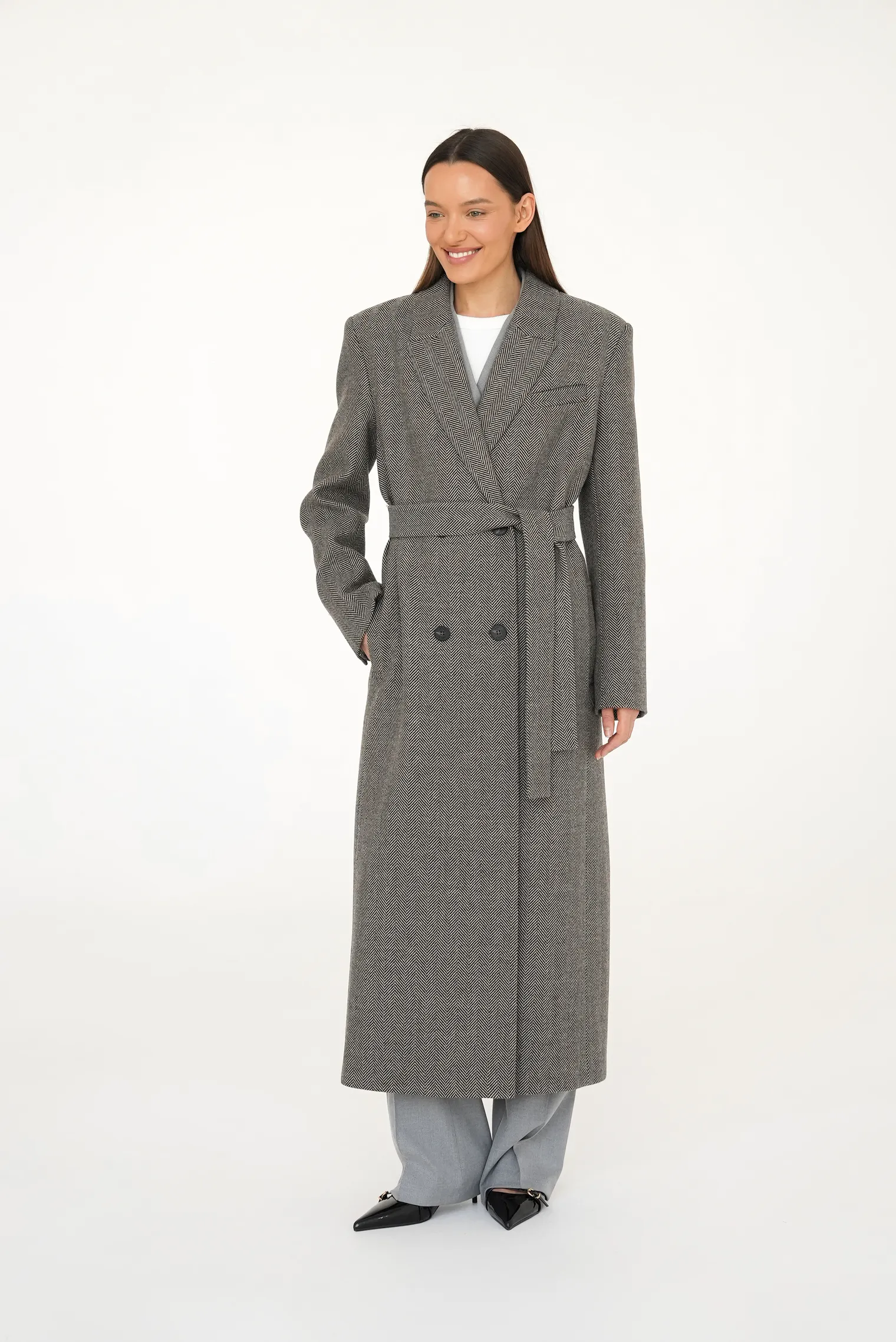 Пальто двубортное с втачным рукавом, с поясом в ёлочку шоколадного цвета фото 11