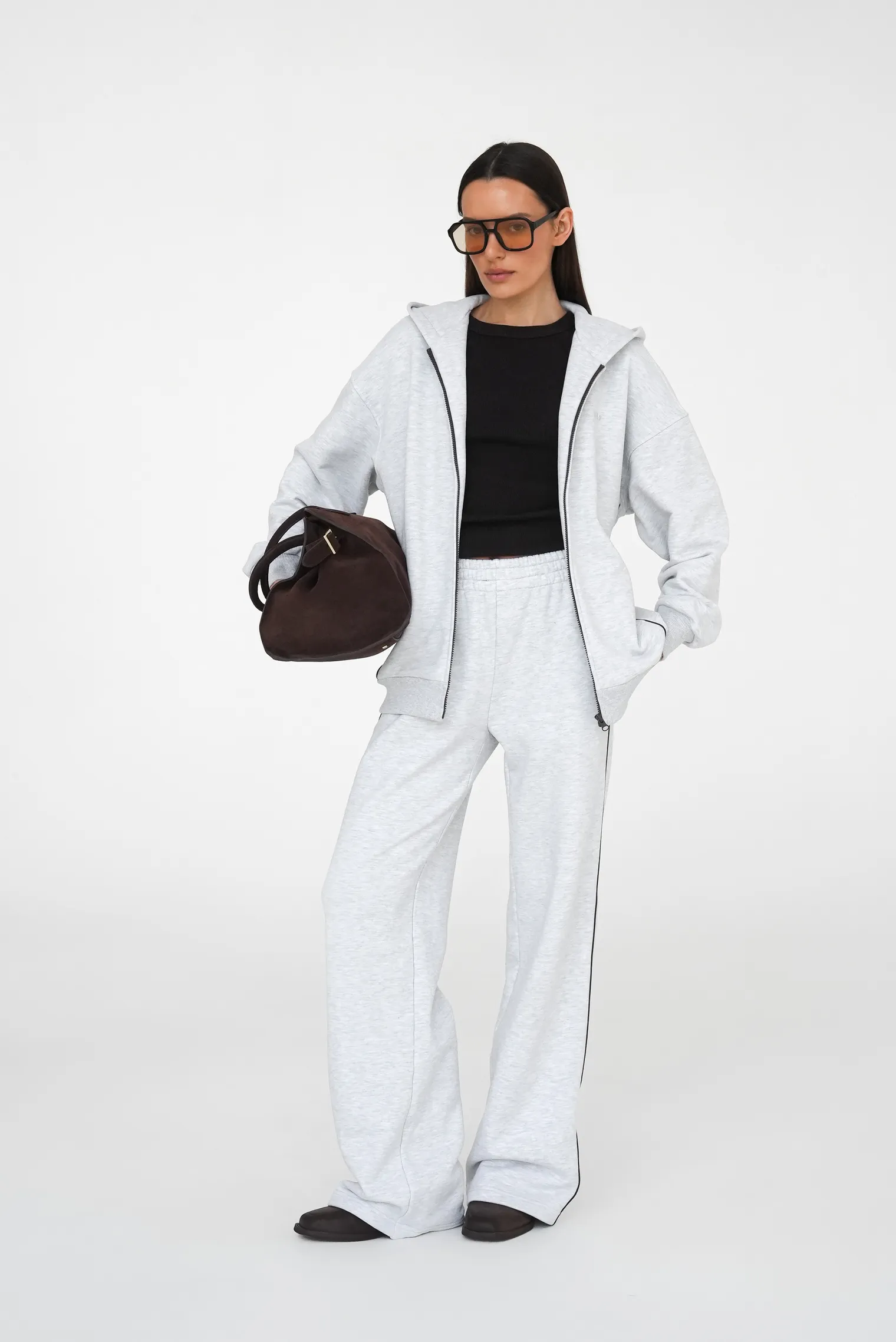 Худи из плотного хлопка на молнии в цвете серый меланж фото 7