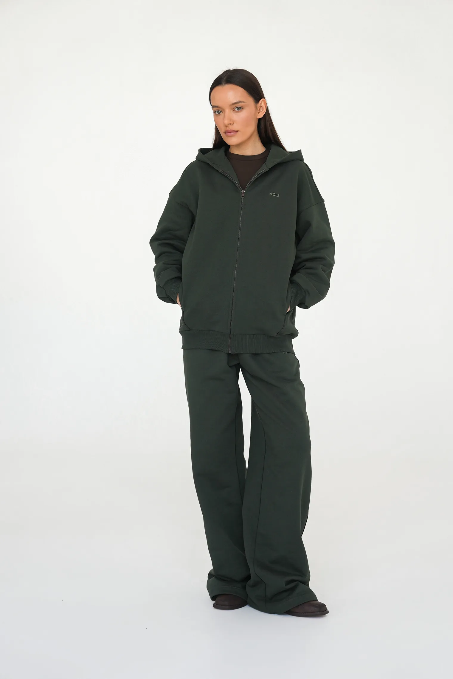 Худи из плотного хлопка на молнии цвета хаки фото 7