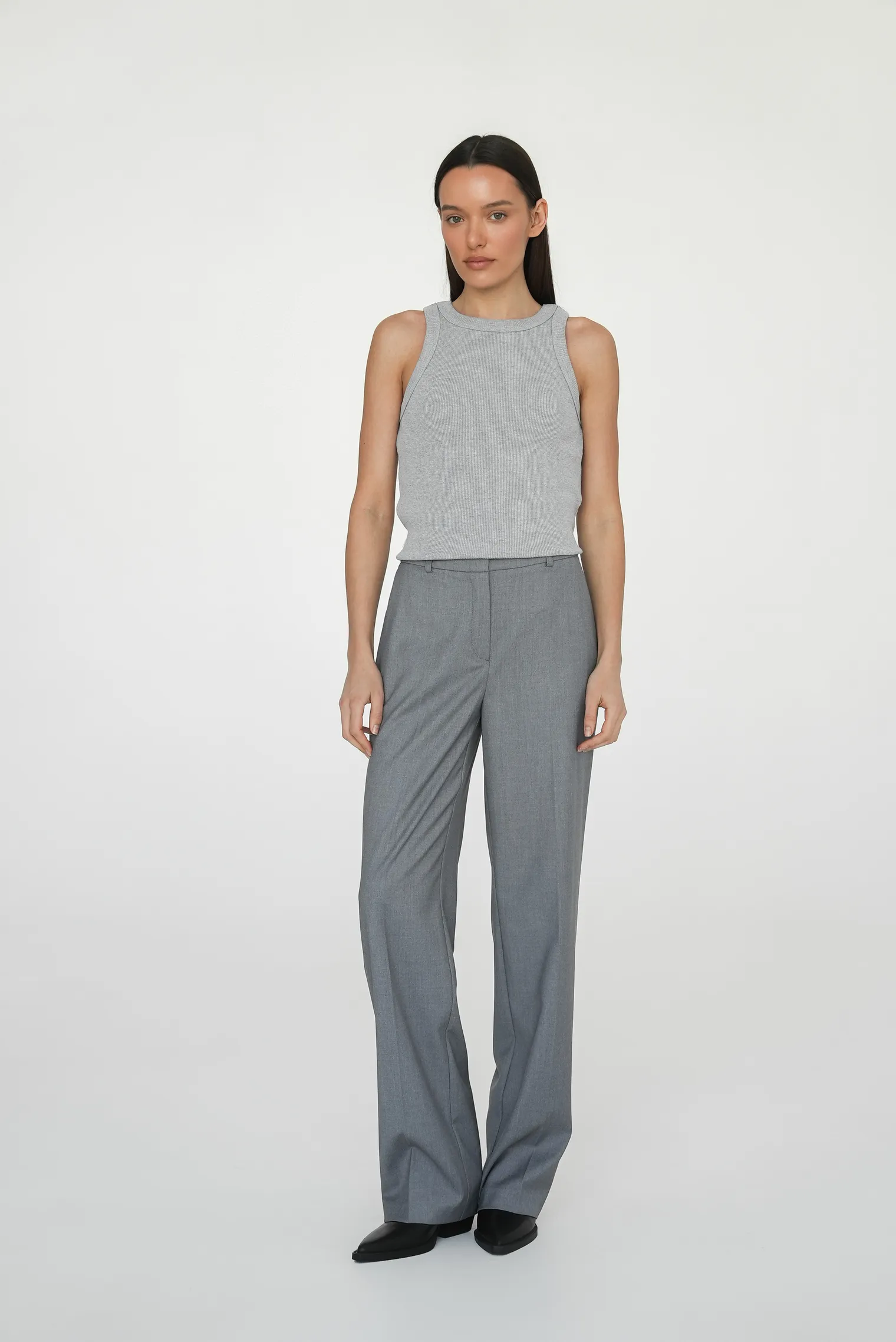Брюки с завышенной талией прямого кроя серого цвета фото 6