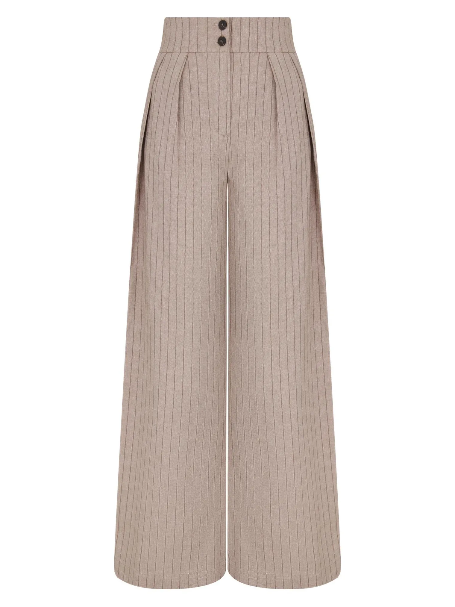 Брюки широкие с поясом изо льна в полоску цвета капучино фото 1