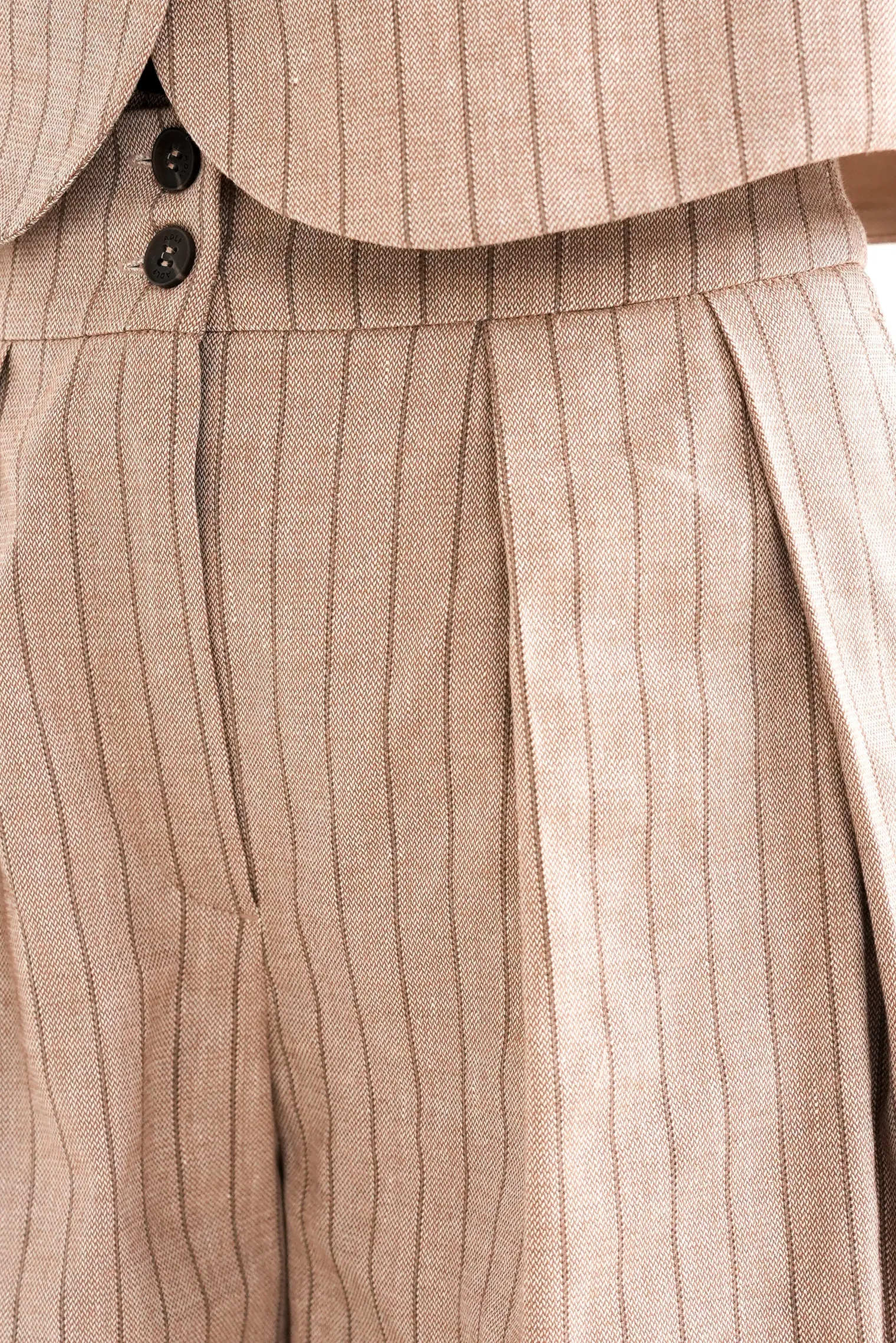 Брюки широкие с поясом изо льна в полоску цвета капучино фото 7