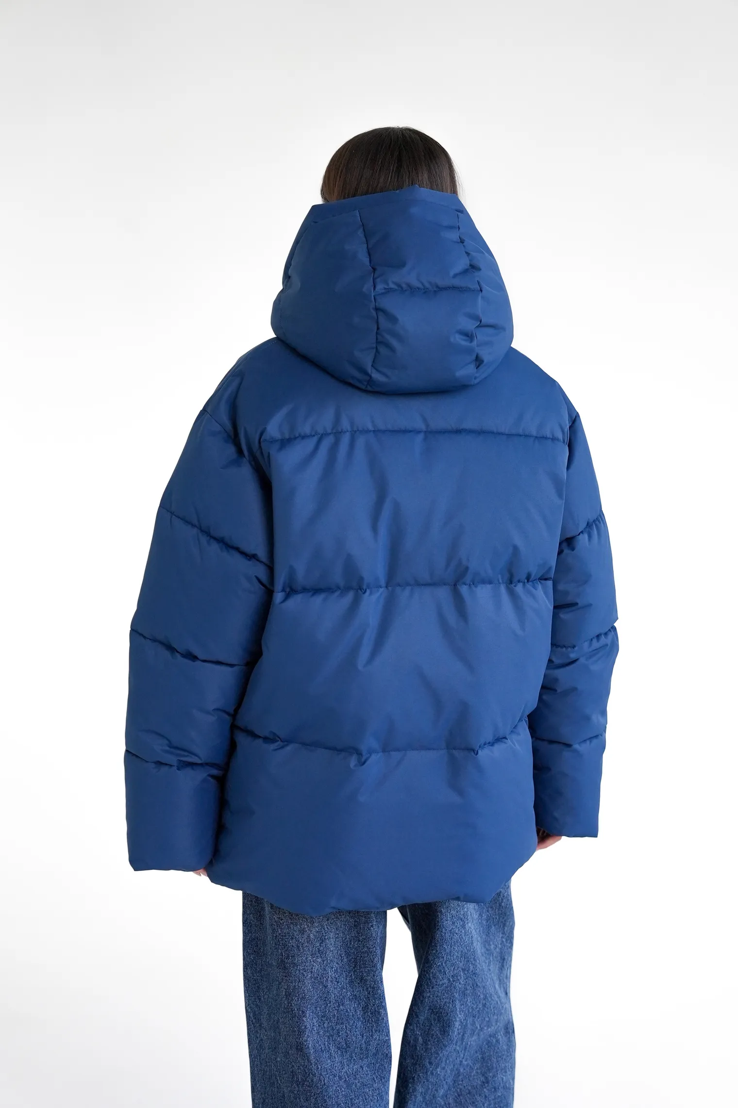 Пуховик стёганный с капюшоном цвета деним фото 4
