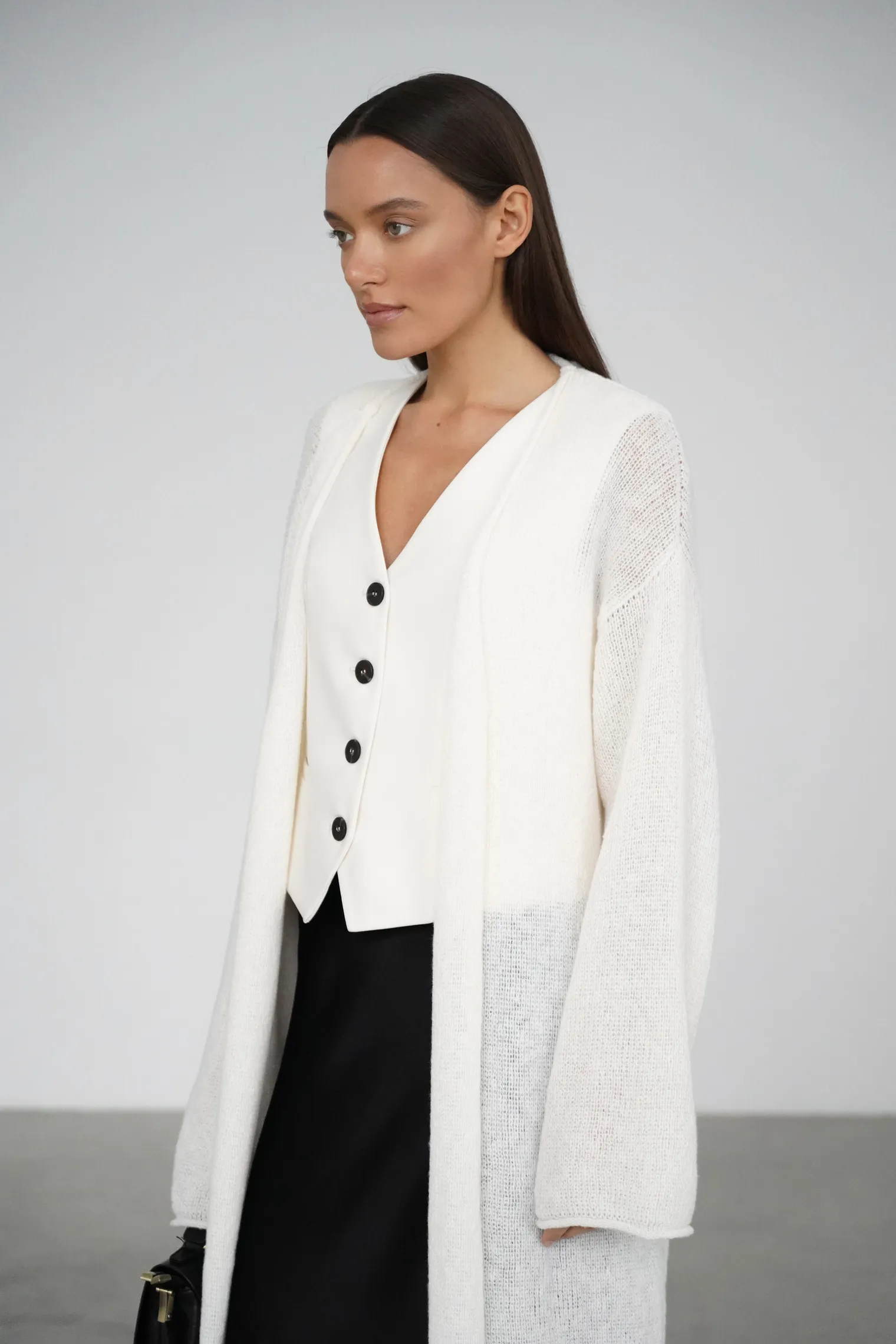 Кардиган миди ажурной вязки цвета тофу фото 5