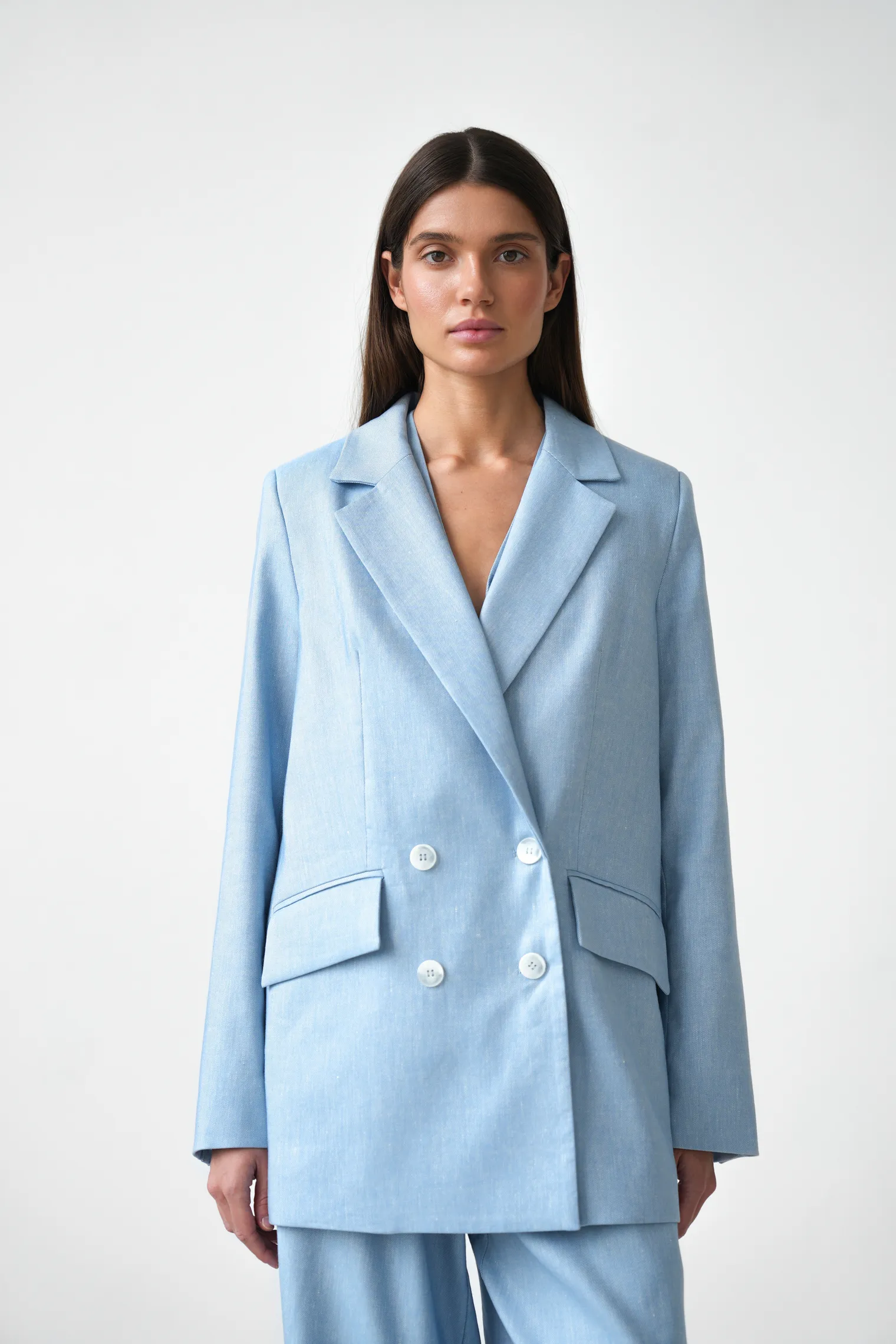Жакет двубортный изо льна голубого цвета фото 4