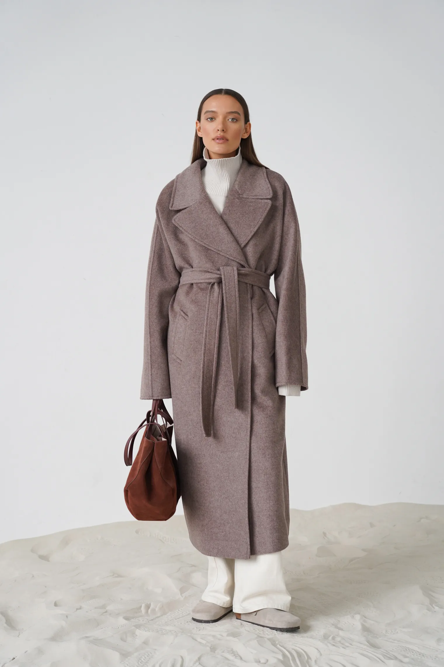 Пальто-халат с цельнокройным рукавом кофейного цвета фото 3