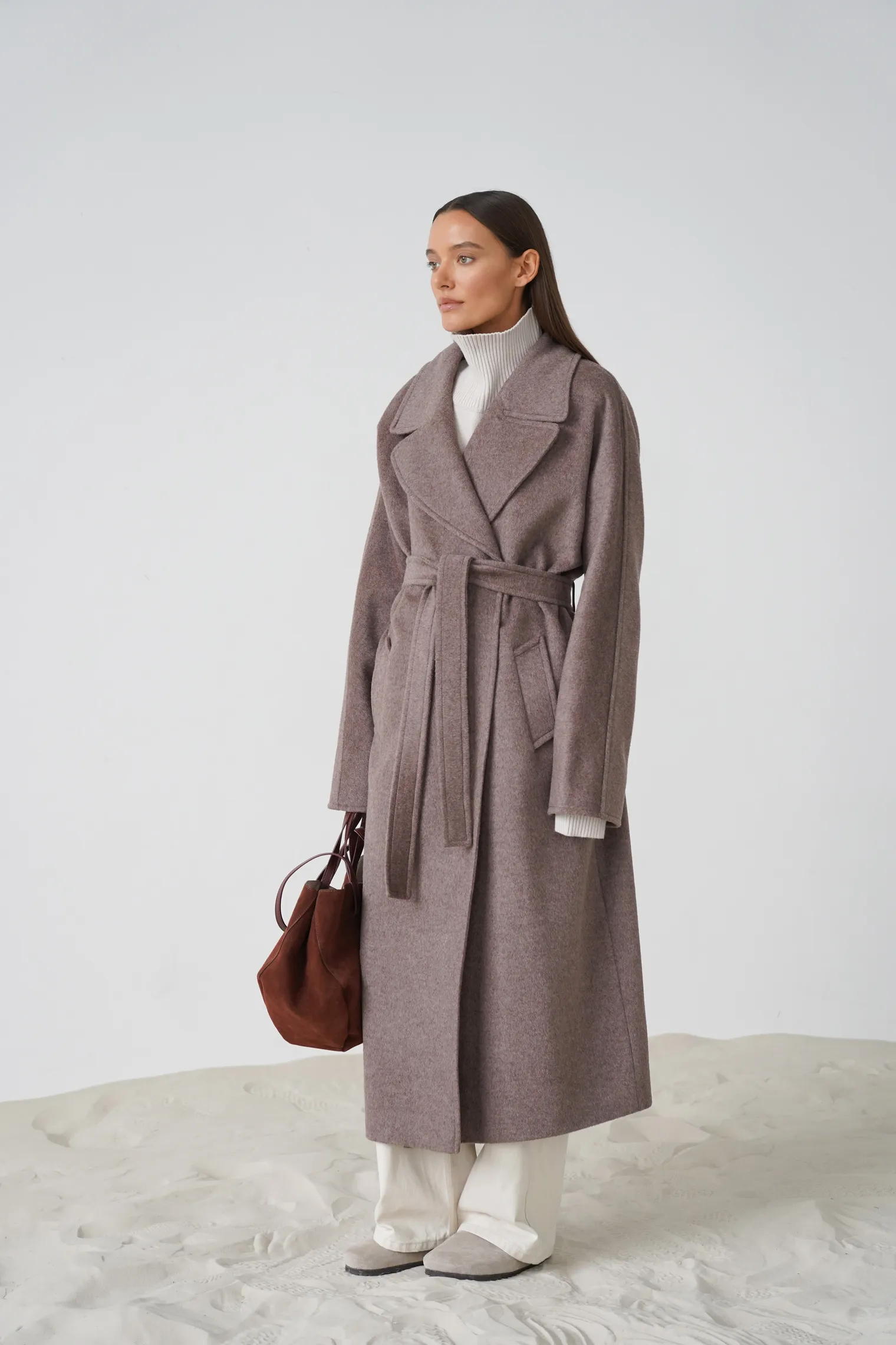 Пальто-халат с цельнокройным рукавом кофейного цвета фото 1