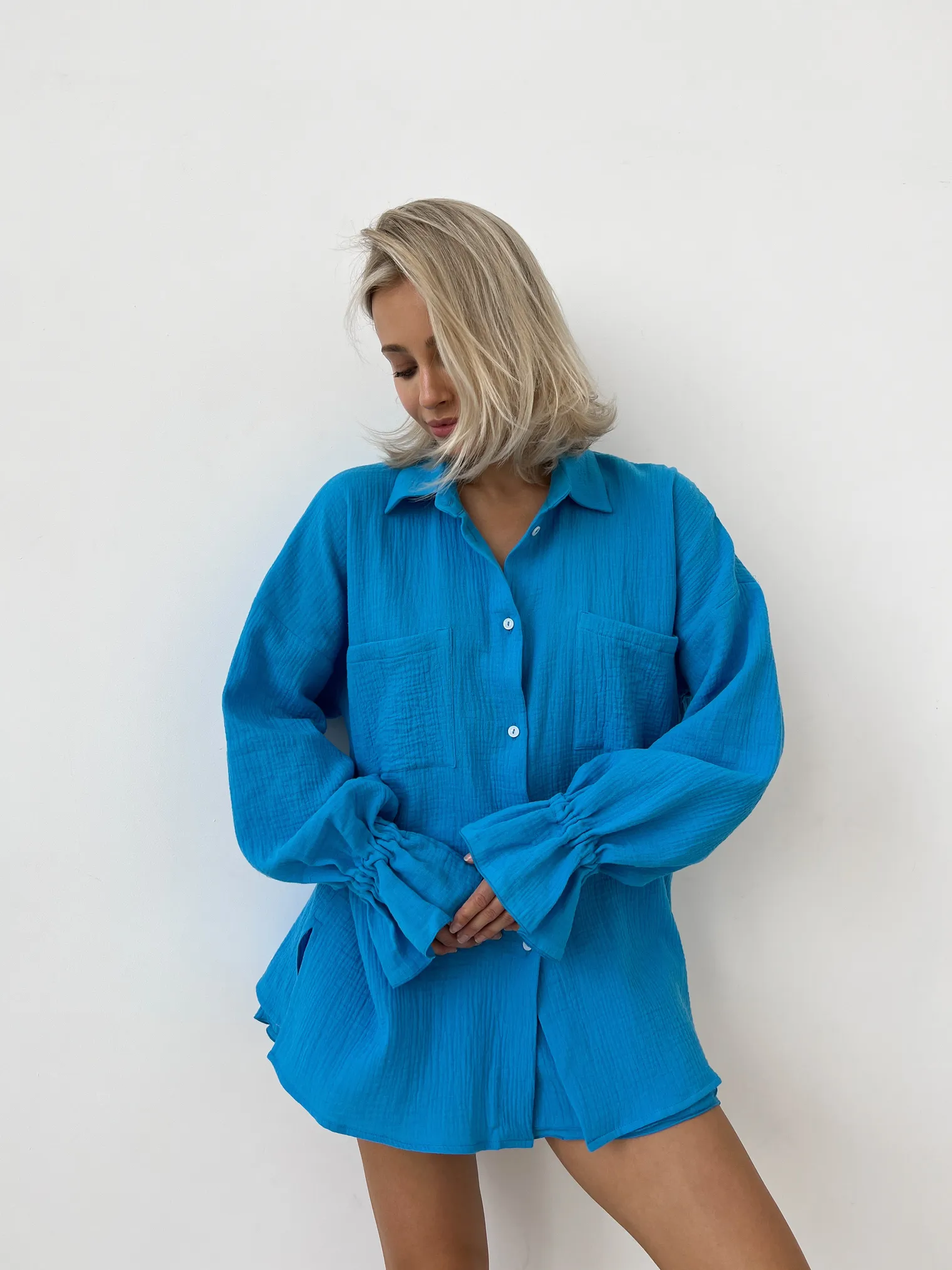 Костюм из муслина: рубашка, шорты цвета аквамарин фото 3