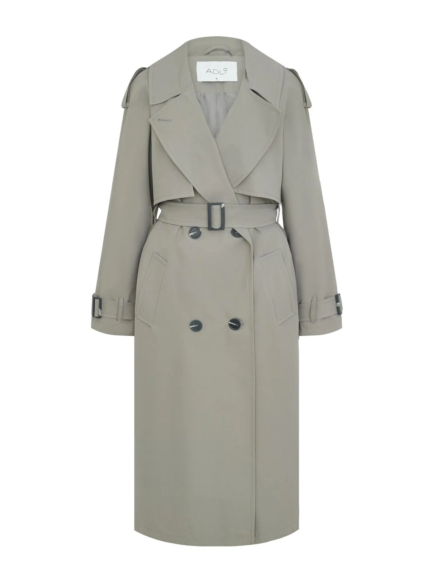 Тренч двубортный с поясом и рукавом реглан пепельного цвета фото 10