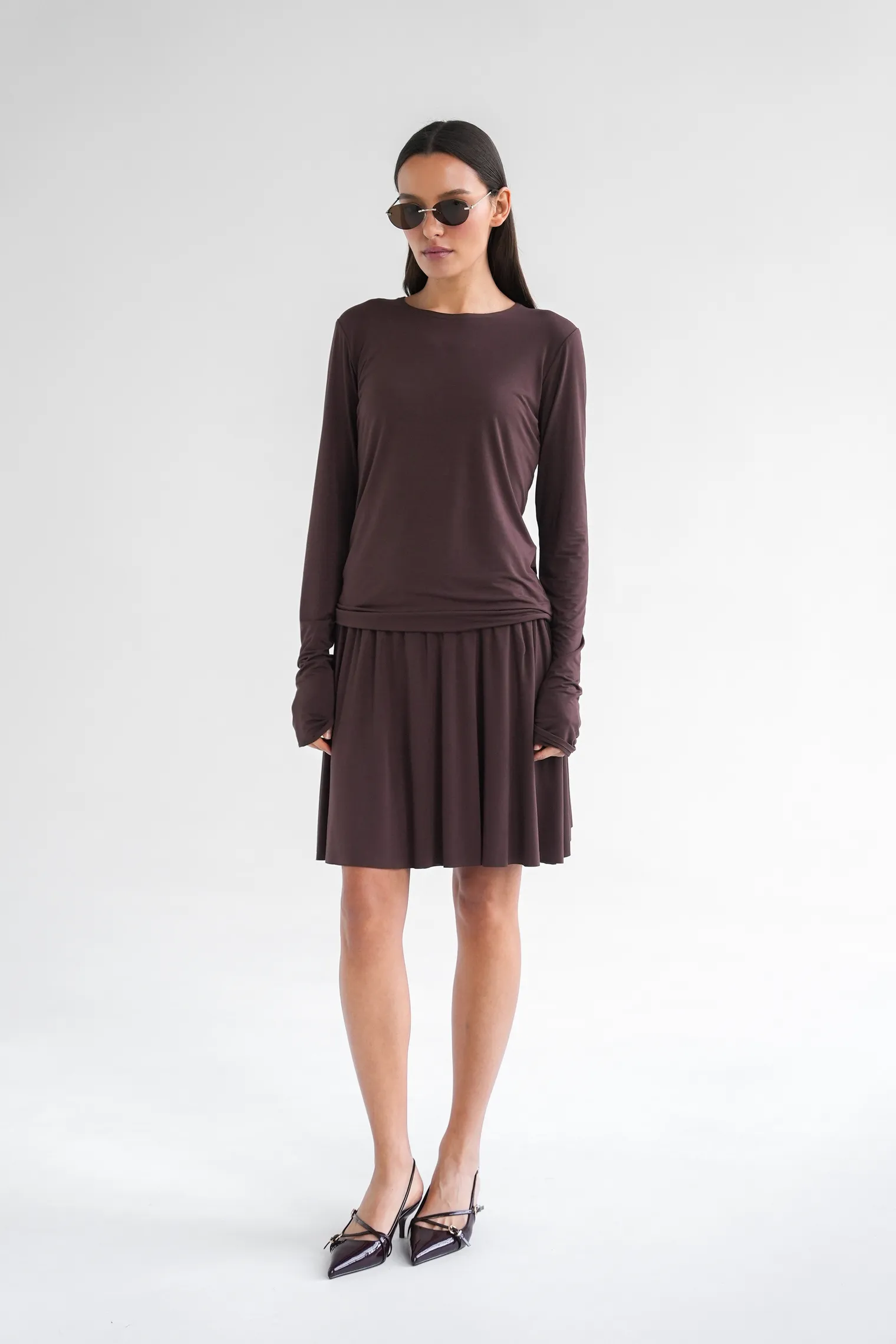 Юбка мини из трикотажа цвета горький шоколад фото 7