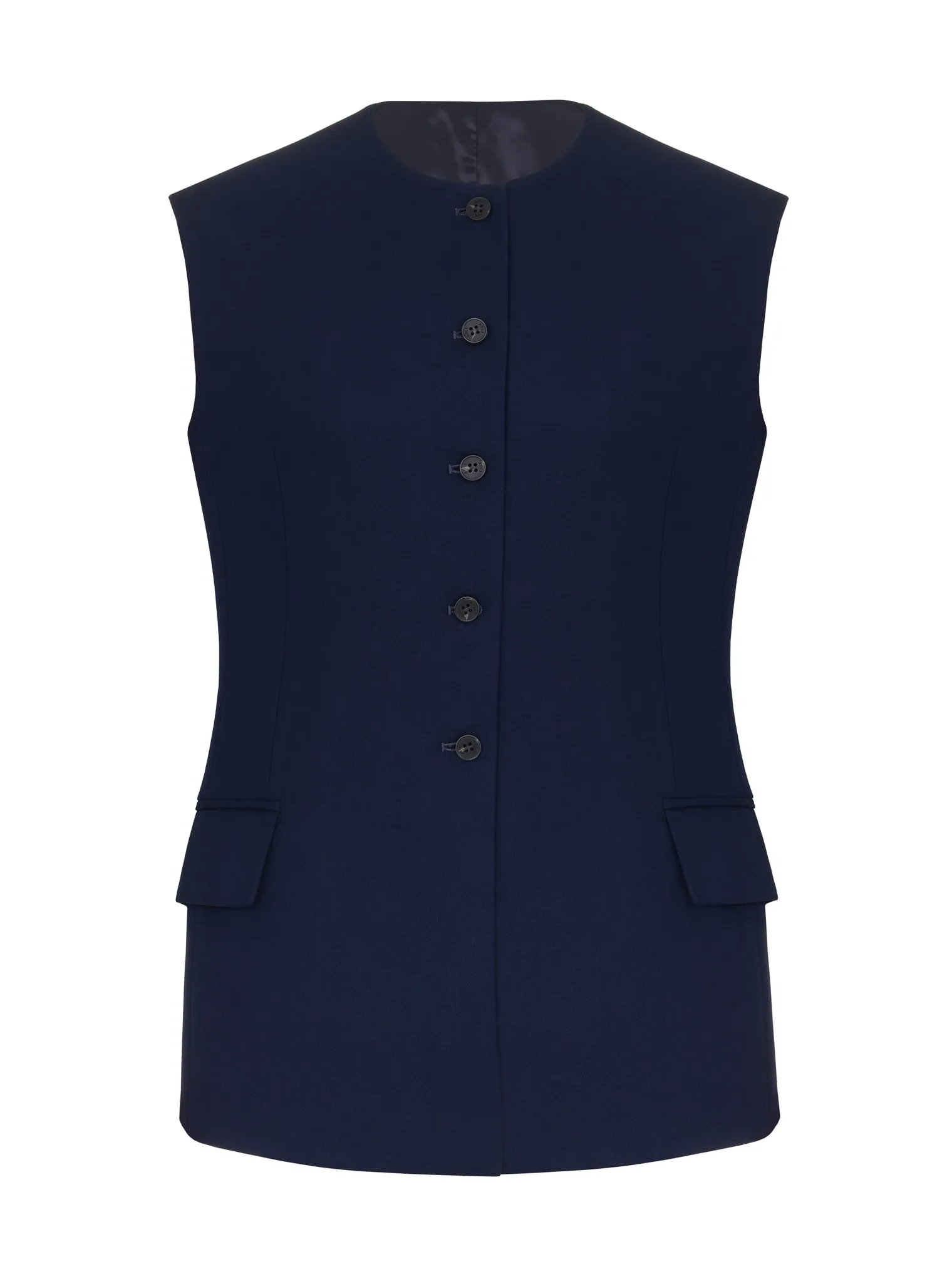 Однобортный жилет в пуговицами тёмно-синего цвета фото 8