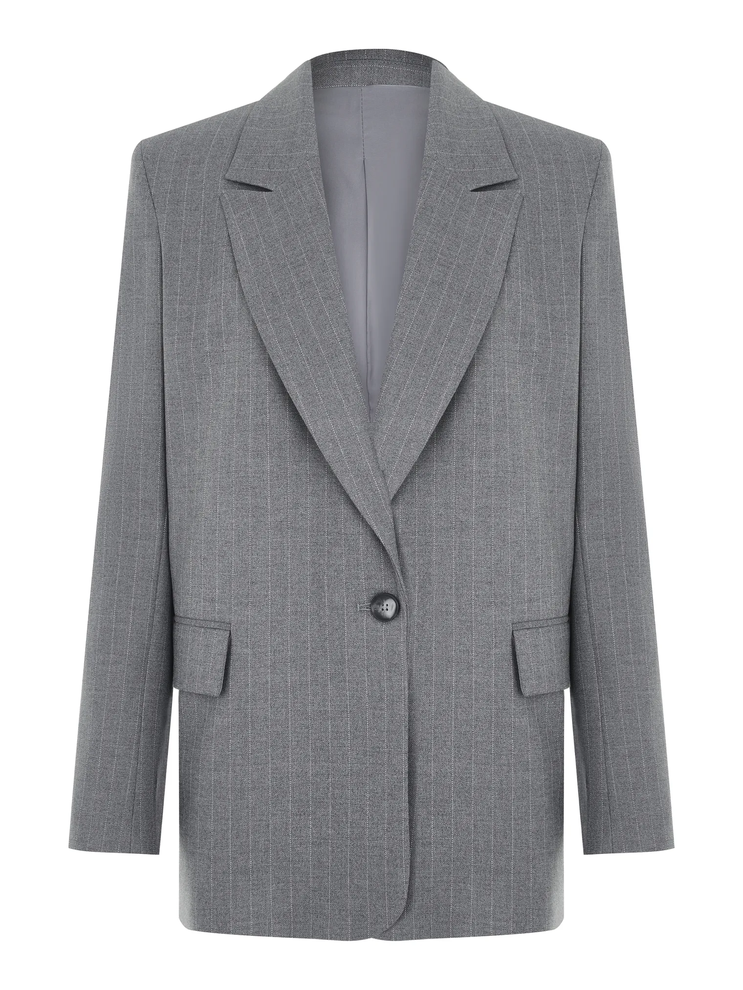 Однобортный жакет с накладными карманами в полоску серого цвета фото 1