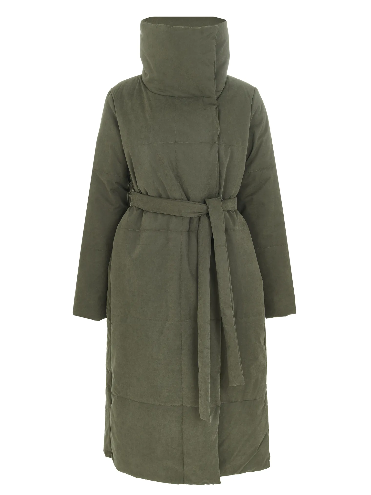 Стеганое пальто с высоким воротником цвета хаки фото 1