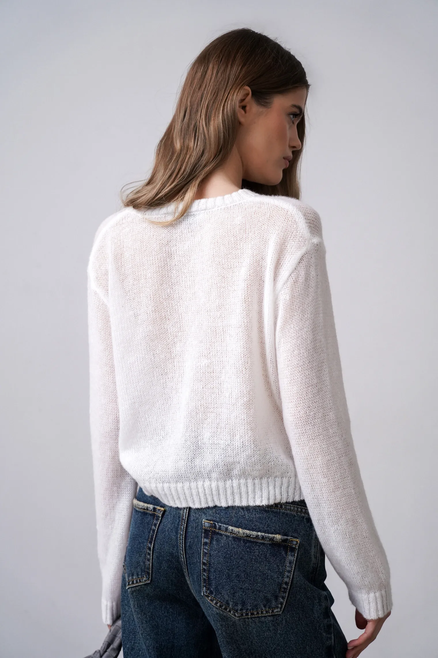 Кардиган ажурной вязки цвета тофу фото 4