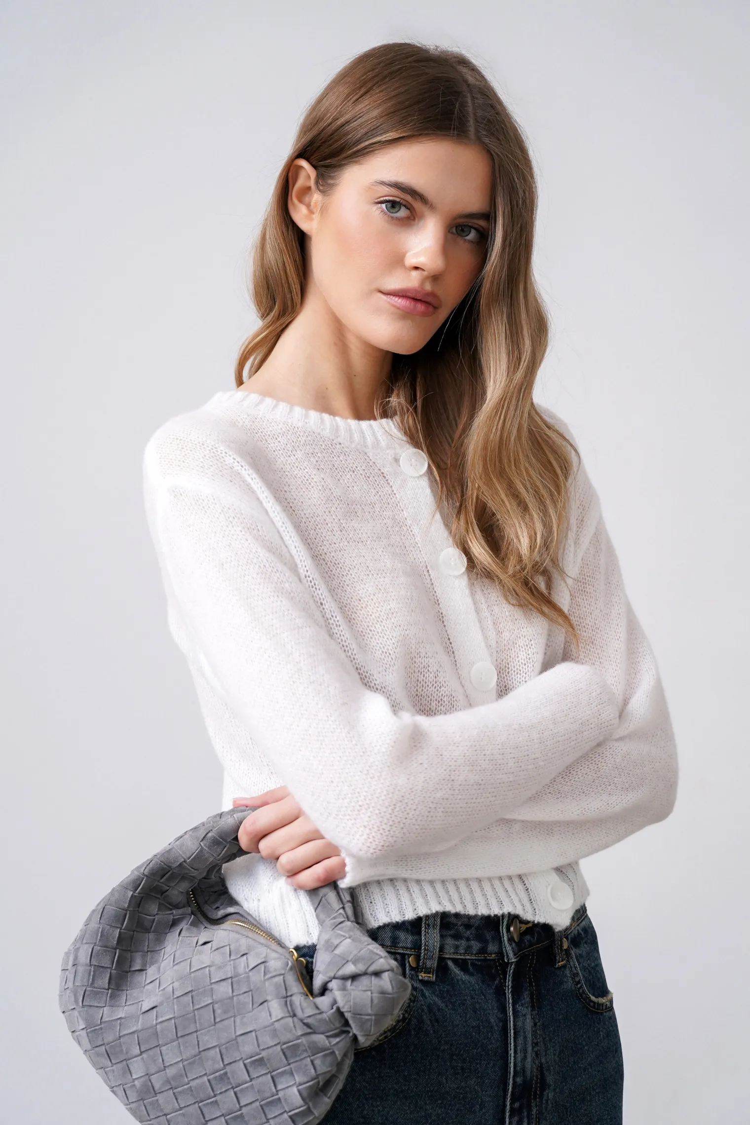 Кардиган ажурной вязки цвета тофу фото 1