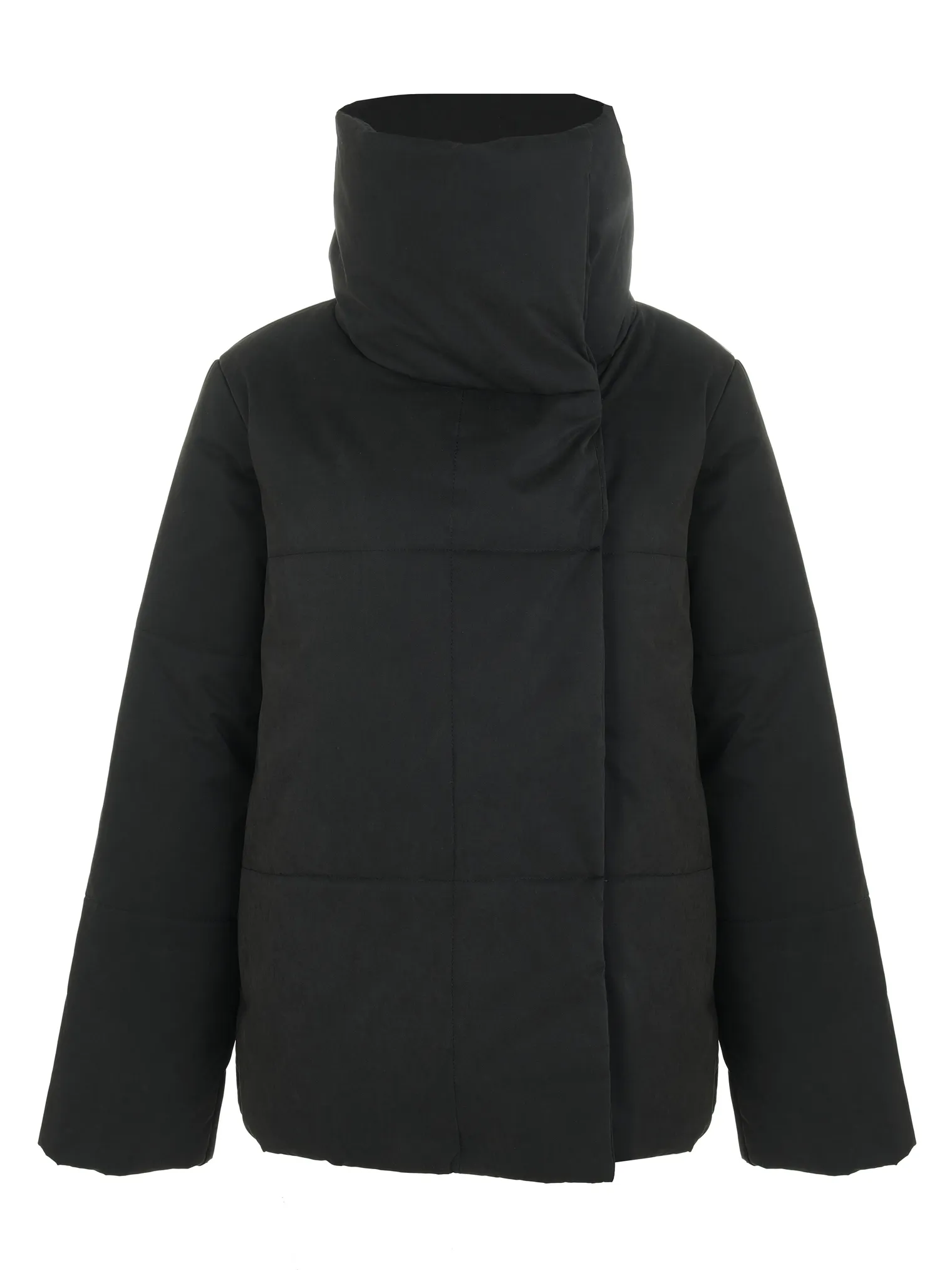 Стеганое пальто с высоким воротником чёрного цвета фото 1