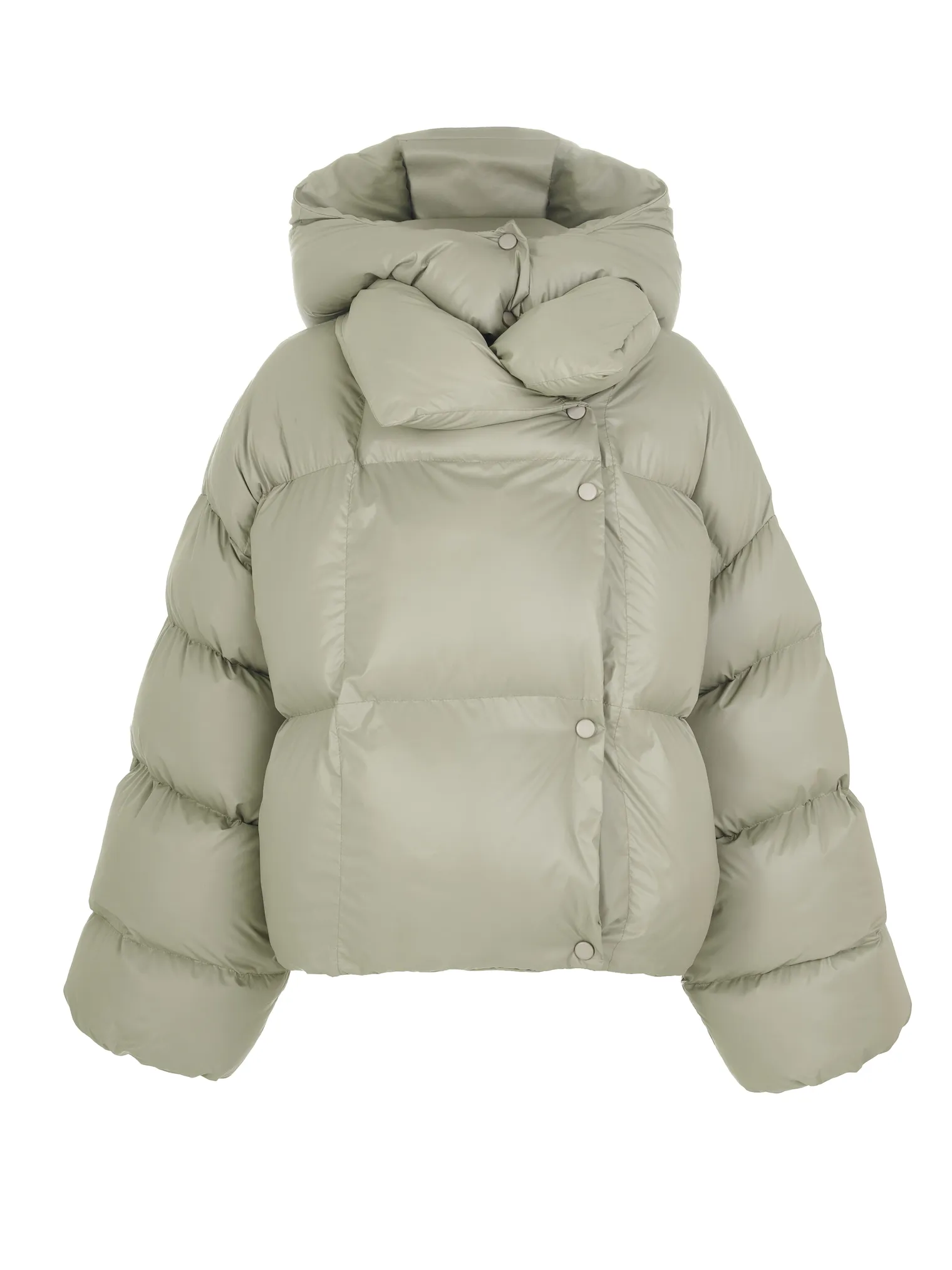 Пуховик на кнопках с капюшоном цвета хаки фото 1