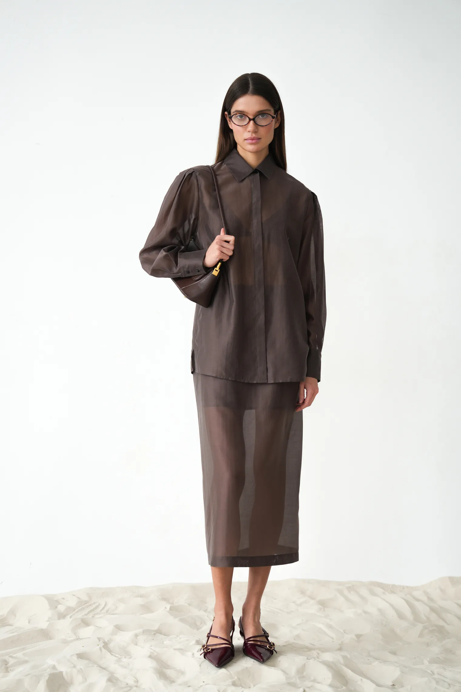 Юбка миди из прозрачной ткани шоколадного цвета фото 1