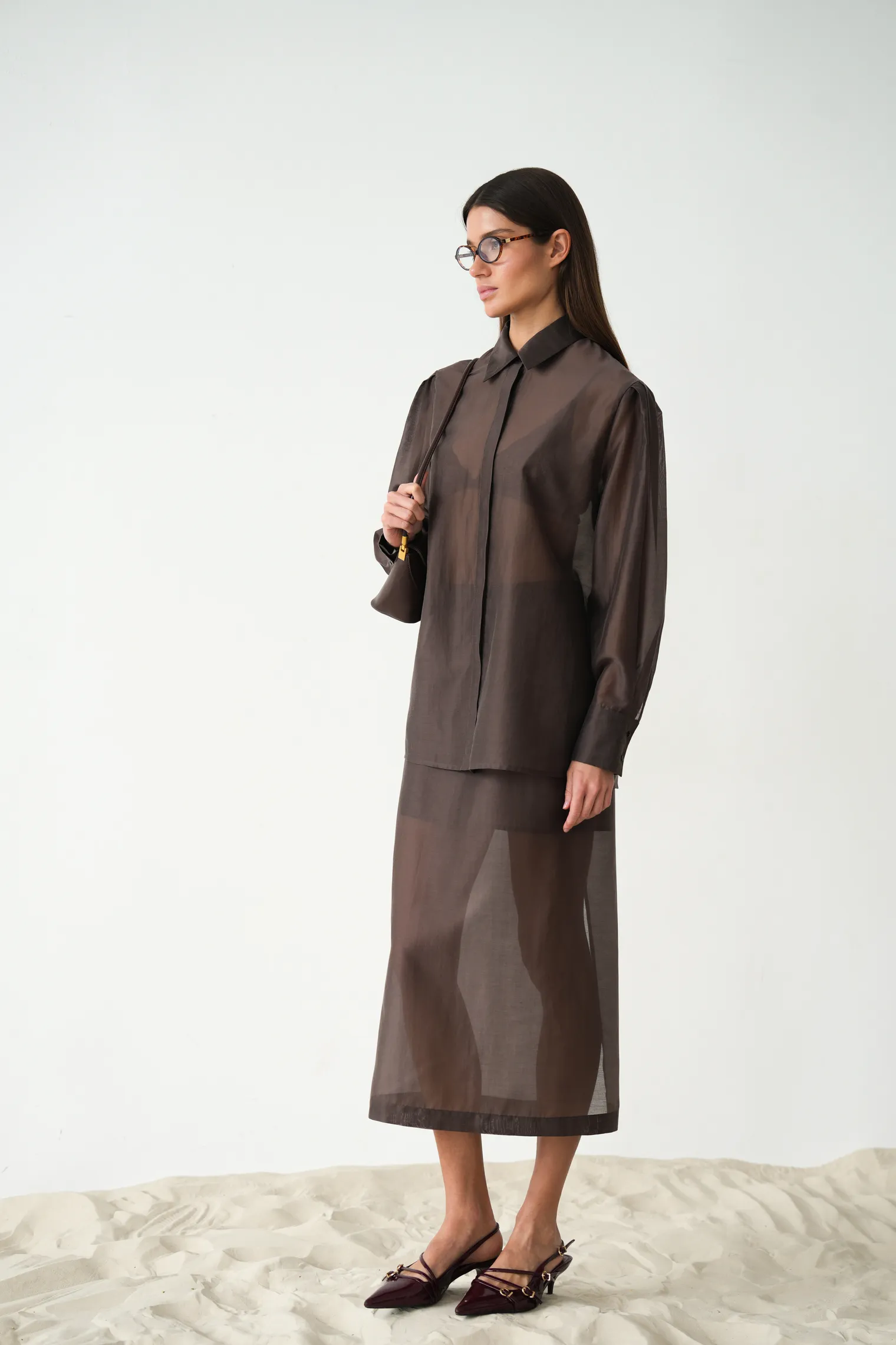 Юбка миди из прозрачной ткани шоколадного цвета фото 3