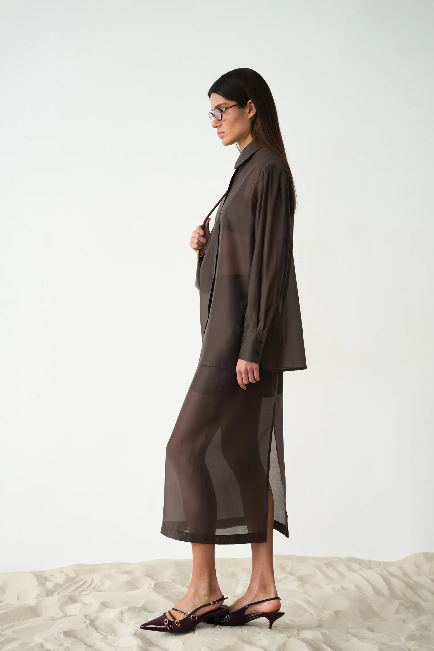 Юбка миди из прозрачной ткани шоколадного цвета фото 5