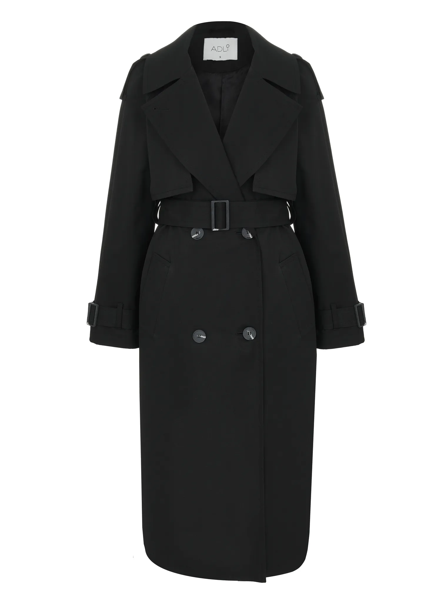 Двубортный тренч с поясом и рукавом реглан чёрного цвета фото 9