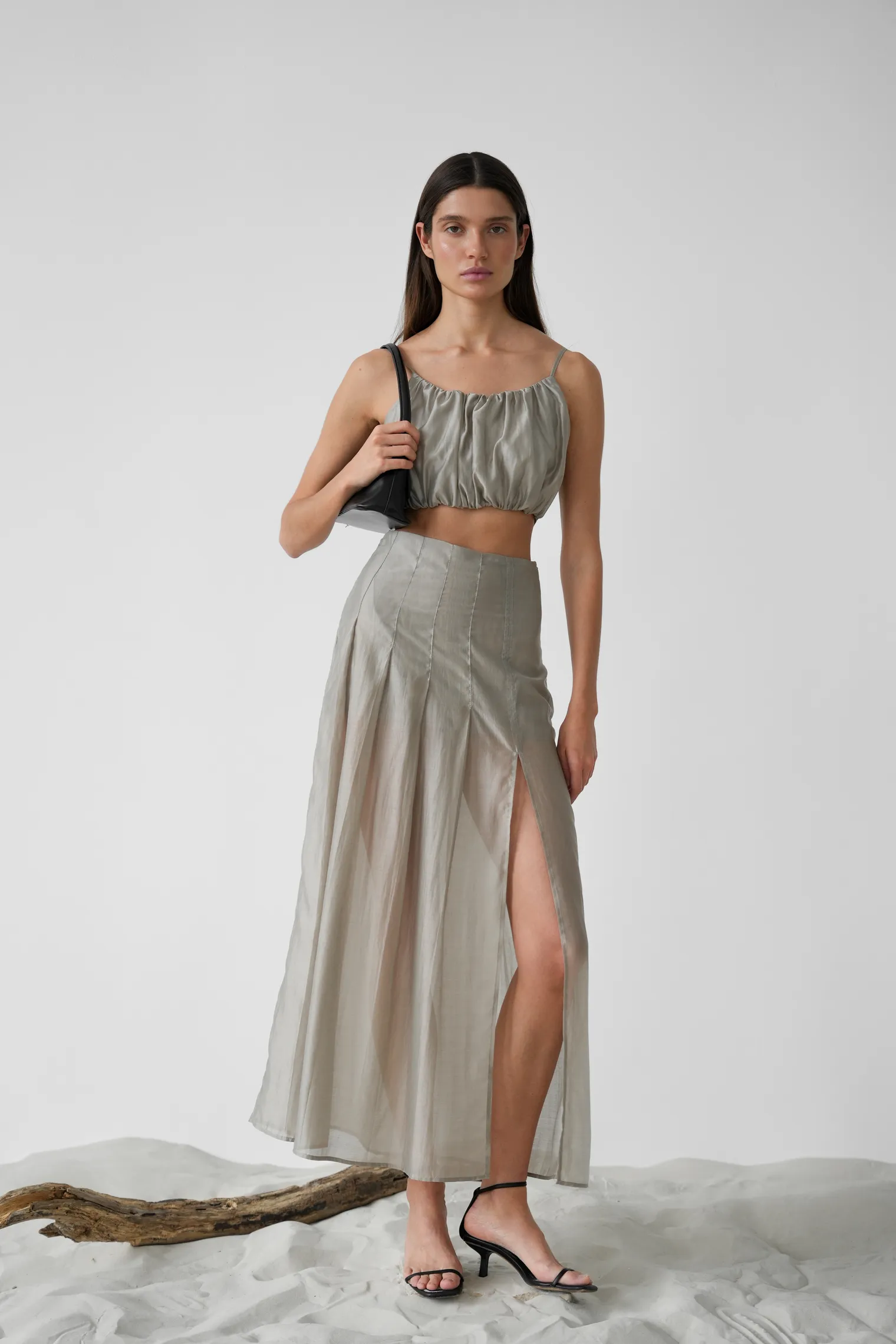 Топ укороченный из прозрачной ткани бежевого цвета фото 2