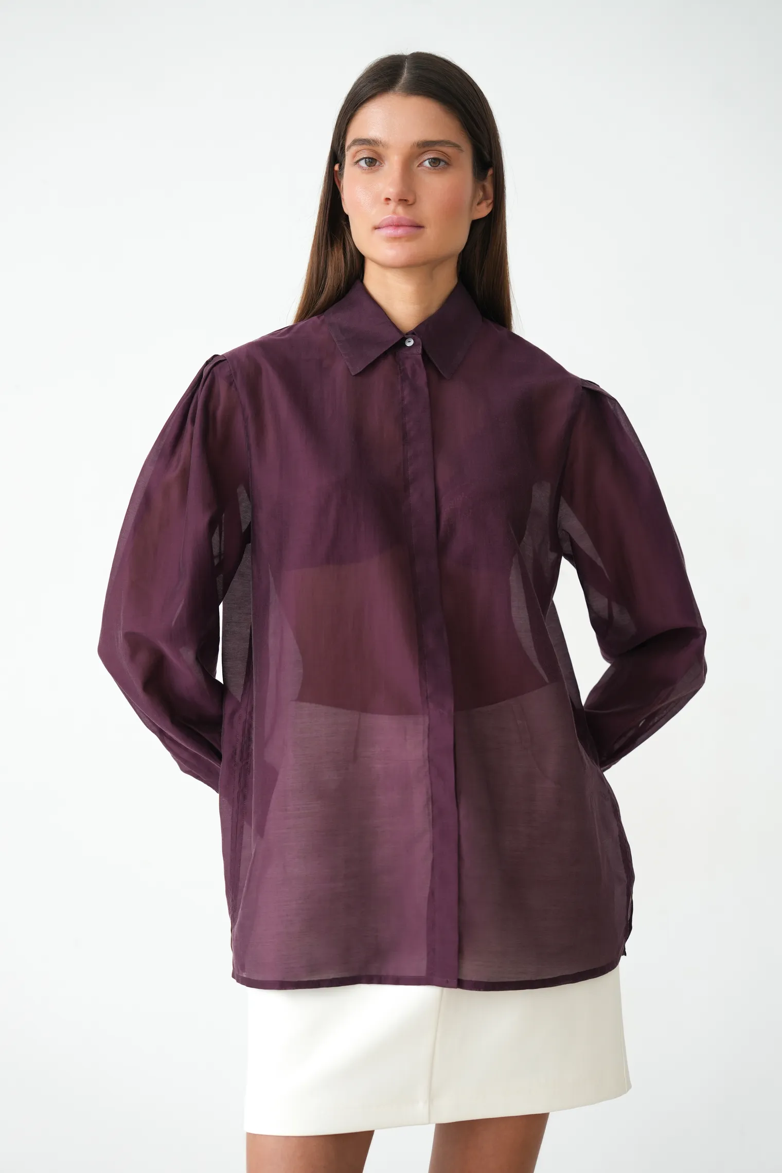 Рубашка из прозрачной ткани цвета бургундия фото 8