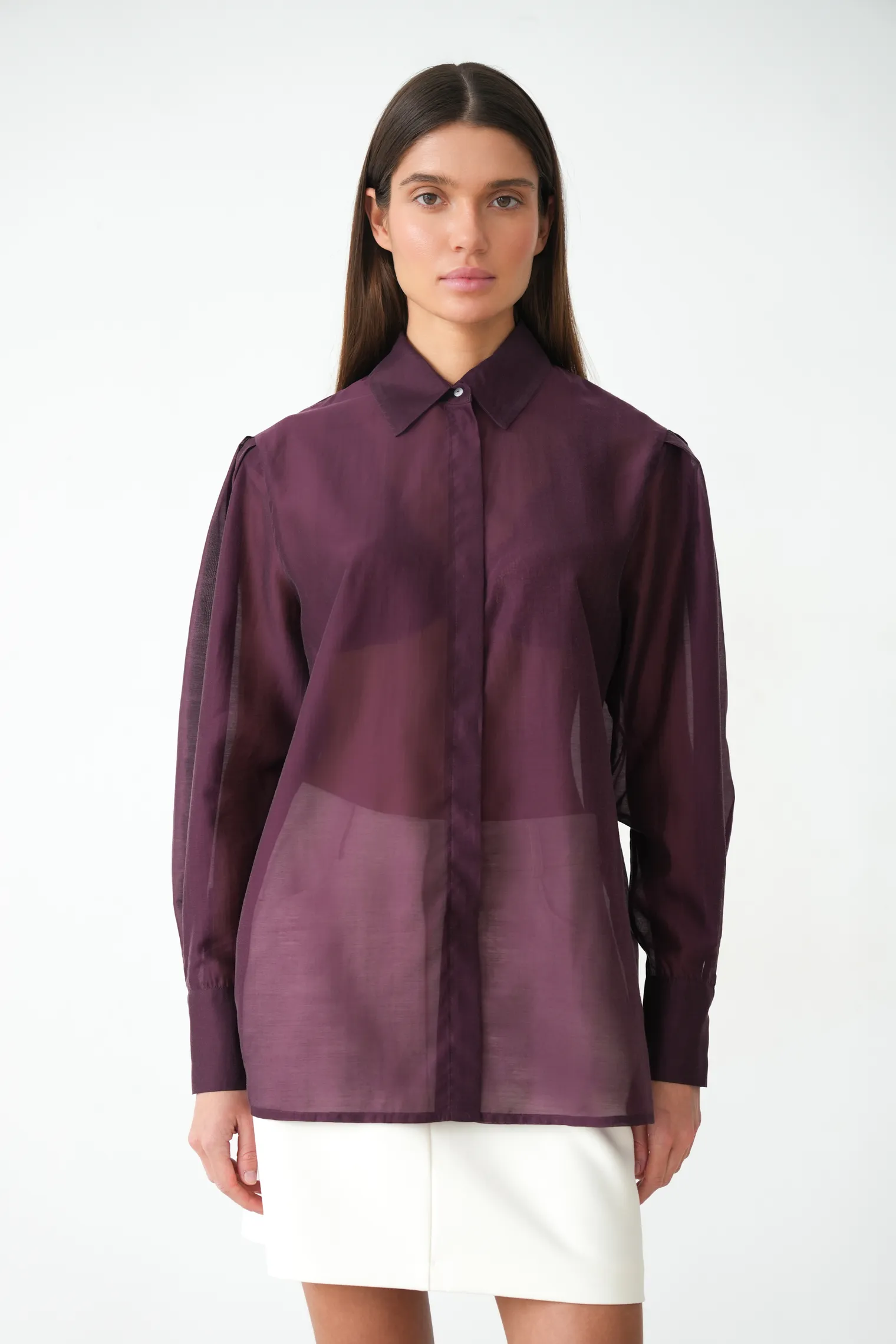 Рубашка из прозрачной ткани цвета бургундия фото 3