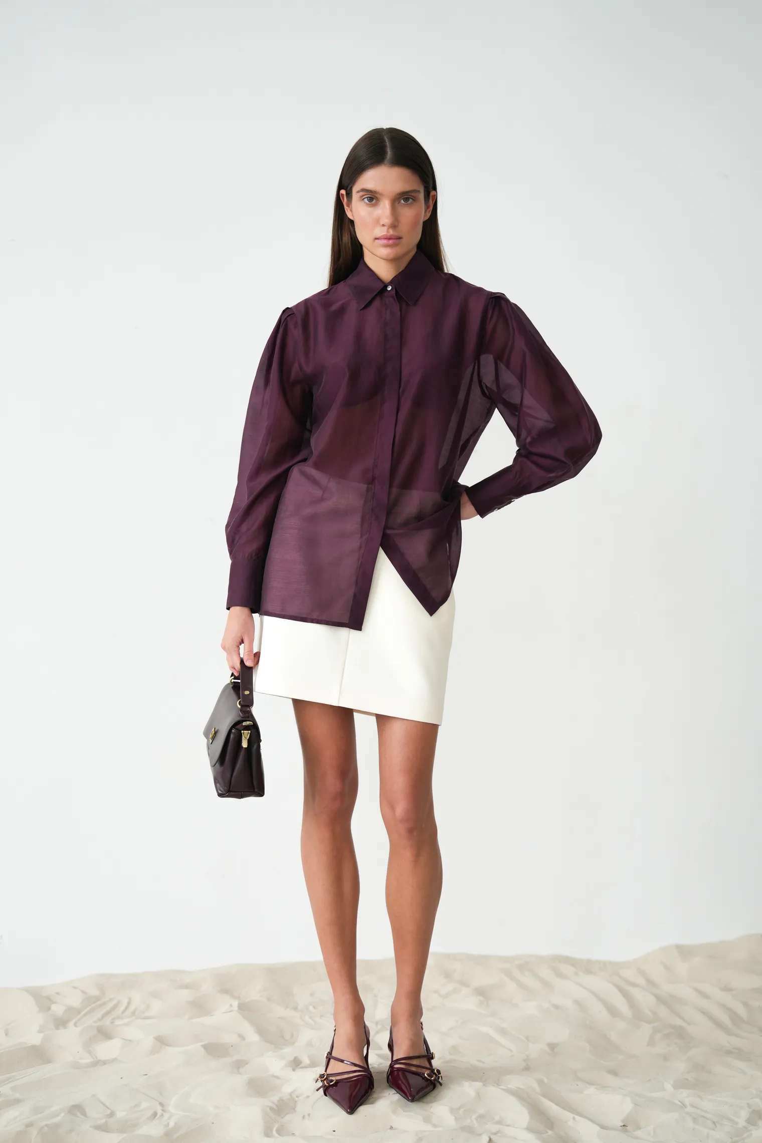 Рубашка из прозрачной ткани цвета бургундия фото 1