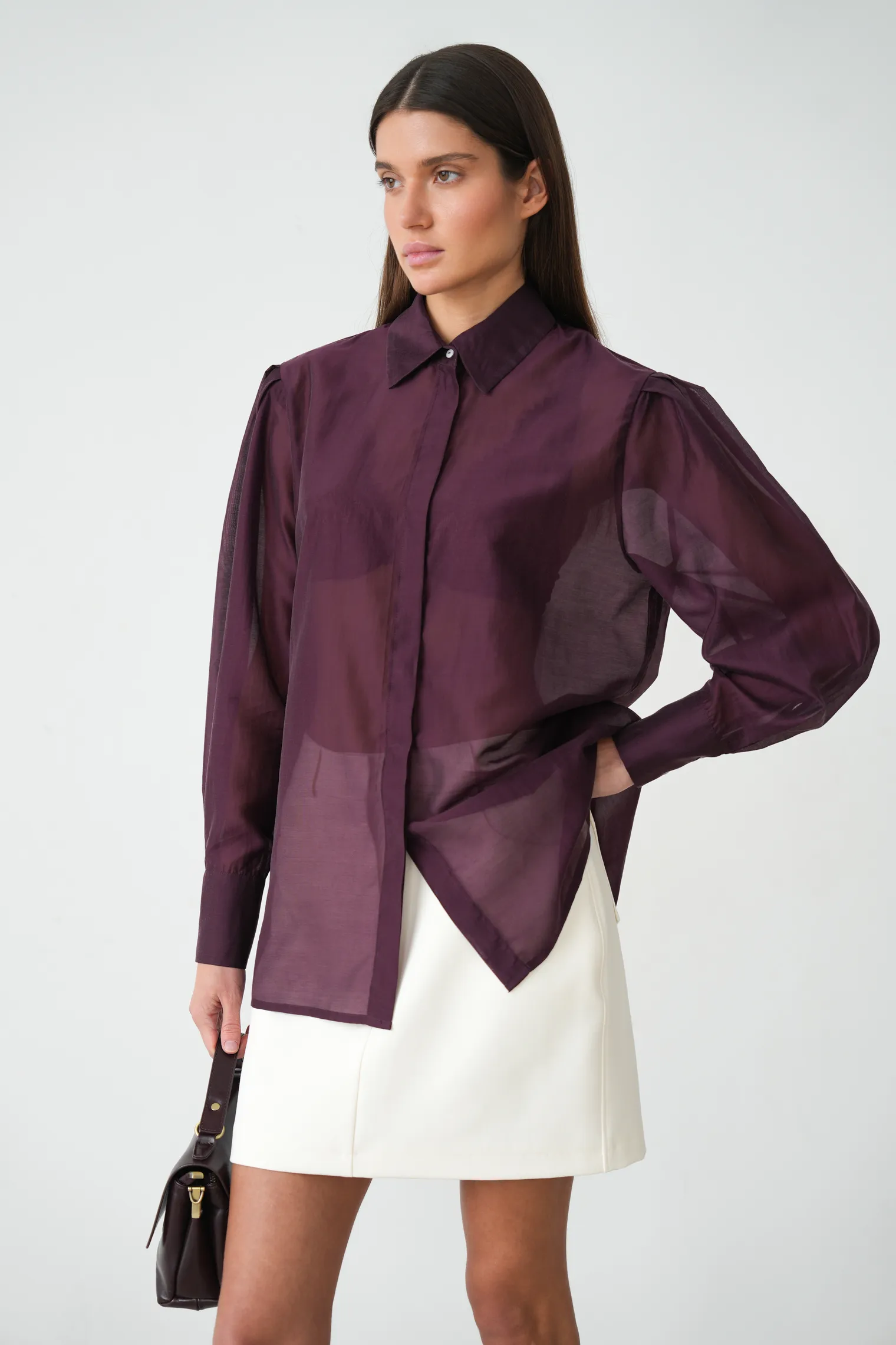 Рубашка из прозрачной ткани цвета бургундия фото 6